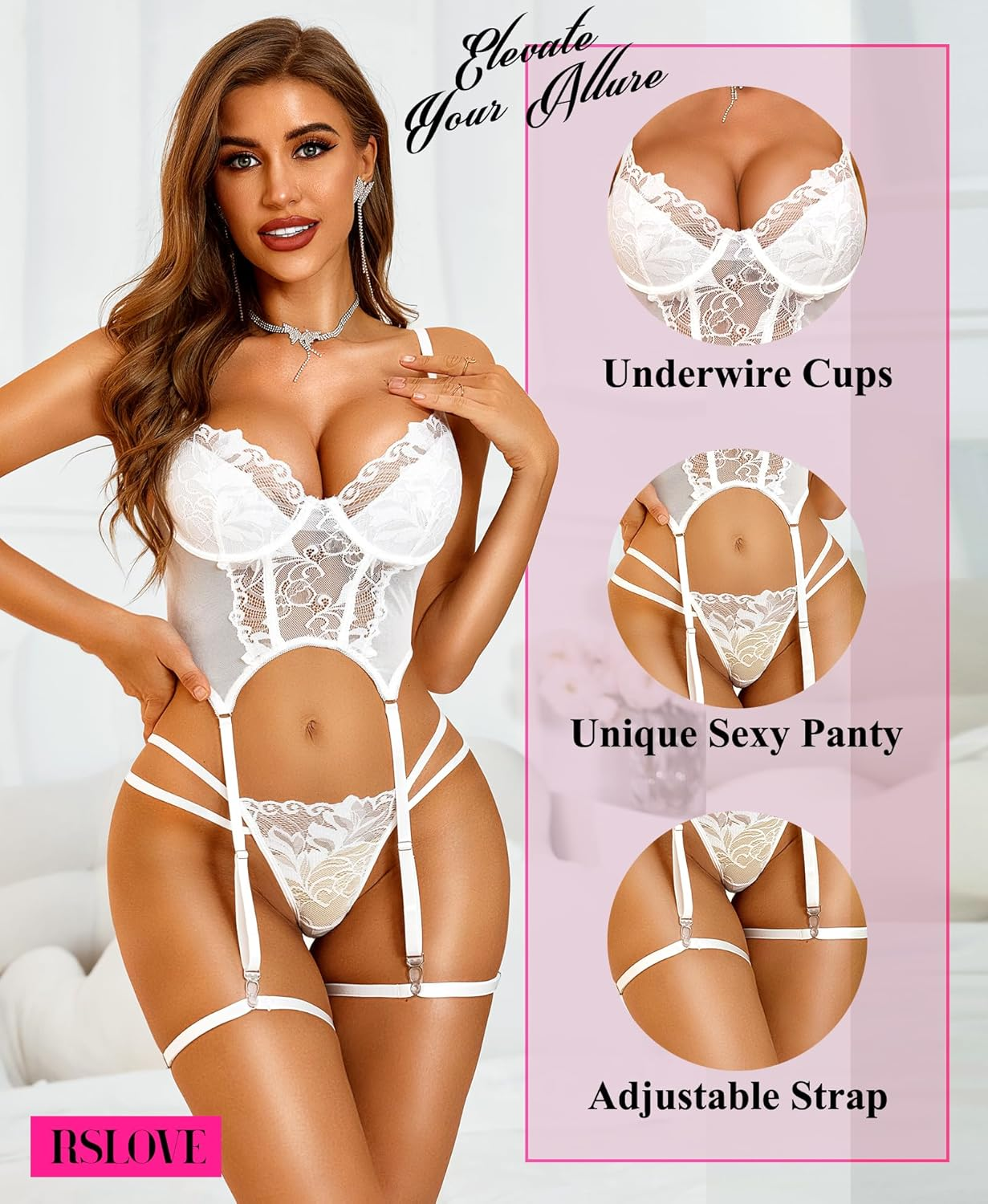 RSLOVE Lingerie Set for Women Sexy - 3 Piece Lace Push up Underwire with Garter Outfits Lingerie Bra and Panty Sets Babydoll image number 4