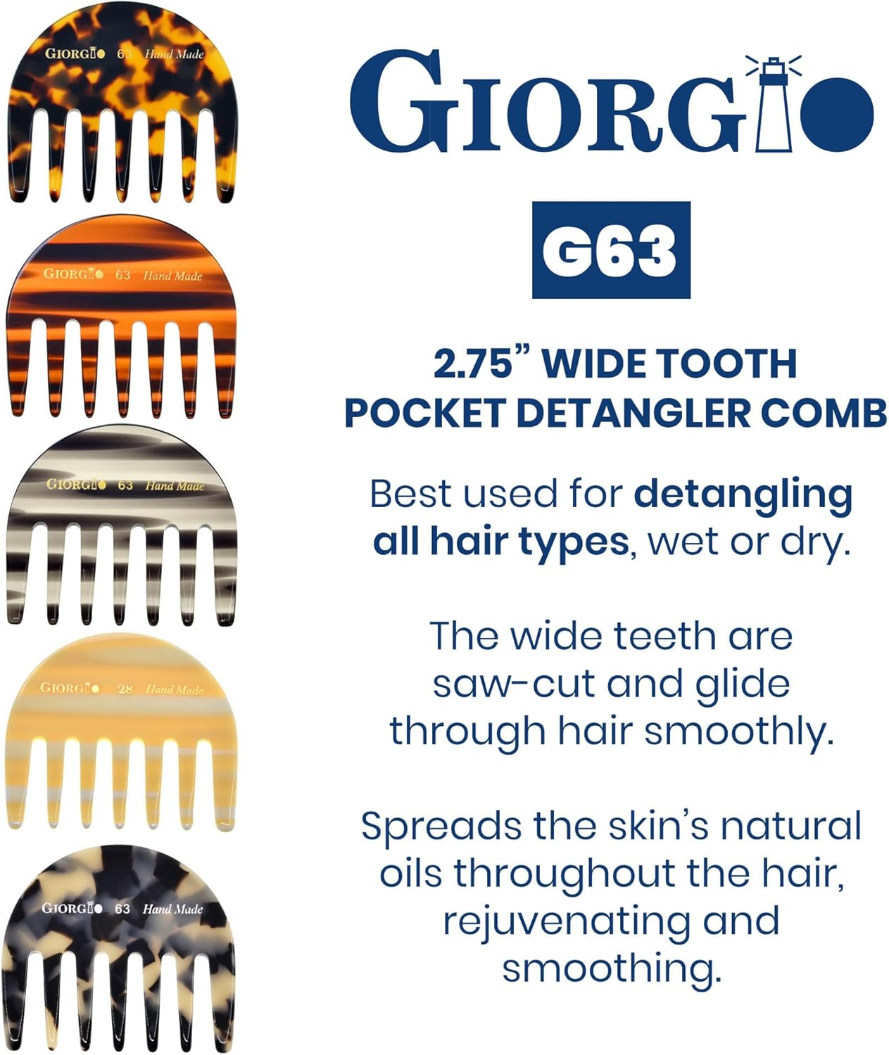 Giorgio G63 Wide Tooth Comb - Detangling, Pocket and Travel Comb for Thick Hair, Hair Detangler for Wet and Dry Everyday Care. Handmade, Saw-Cut, and Polished image number 1