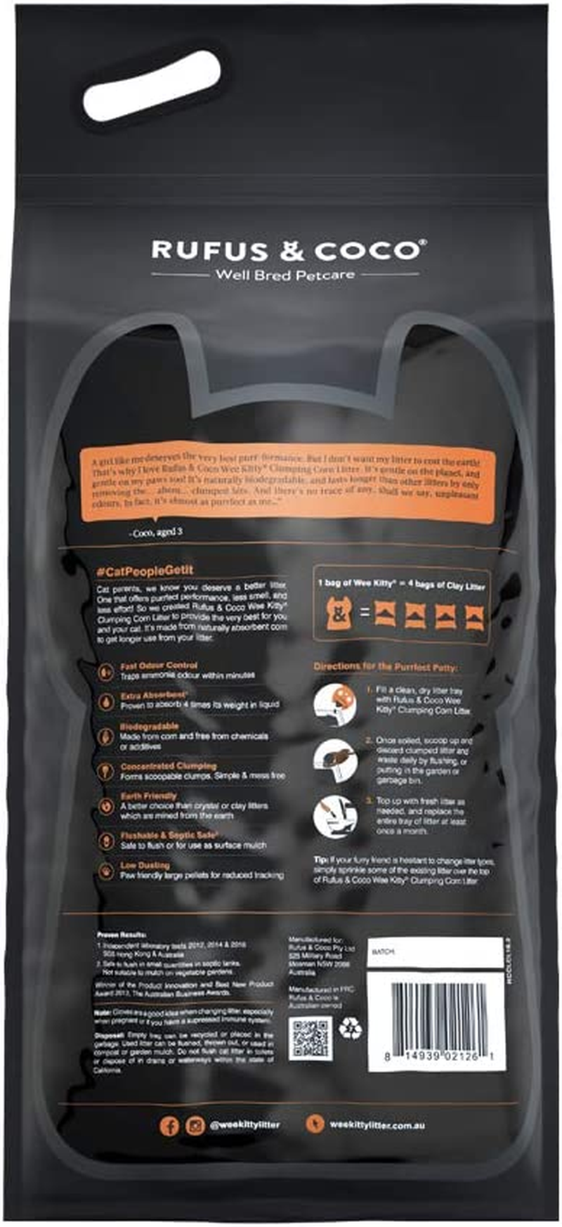 Rufus & Coco Wee Kitty Clumping Corn Cat Litter , Natural Flushable , Low Tracking Biodegradable Pellets , 9 Kilogram Bag image number 4