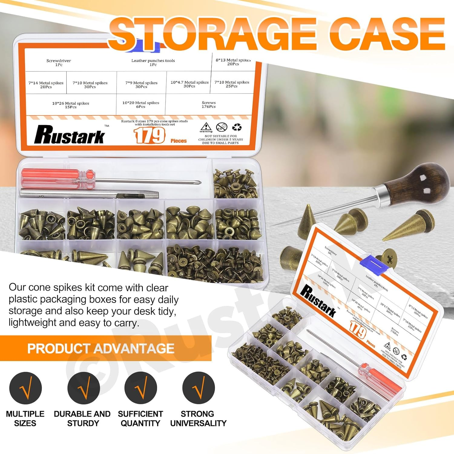 179Pcs 8 Sizes Antique Bronze Metal Punk Spikes and Studs Assortment Kit with Tools, Punk Rivet Studs Rivets Screw Screwback Studs Rivets for Punk Style Clothing Accessories Craft Decoration - Gun Black image number 5