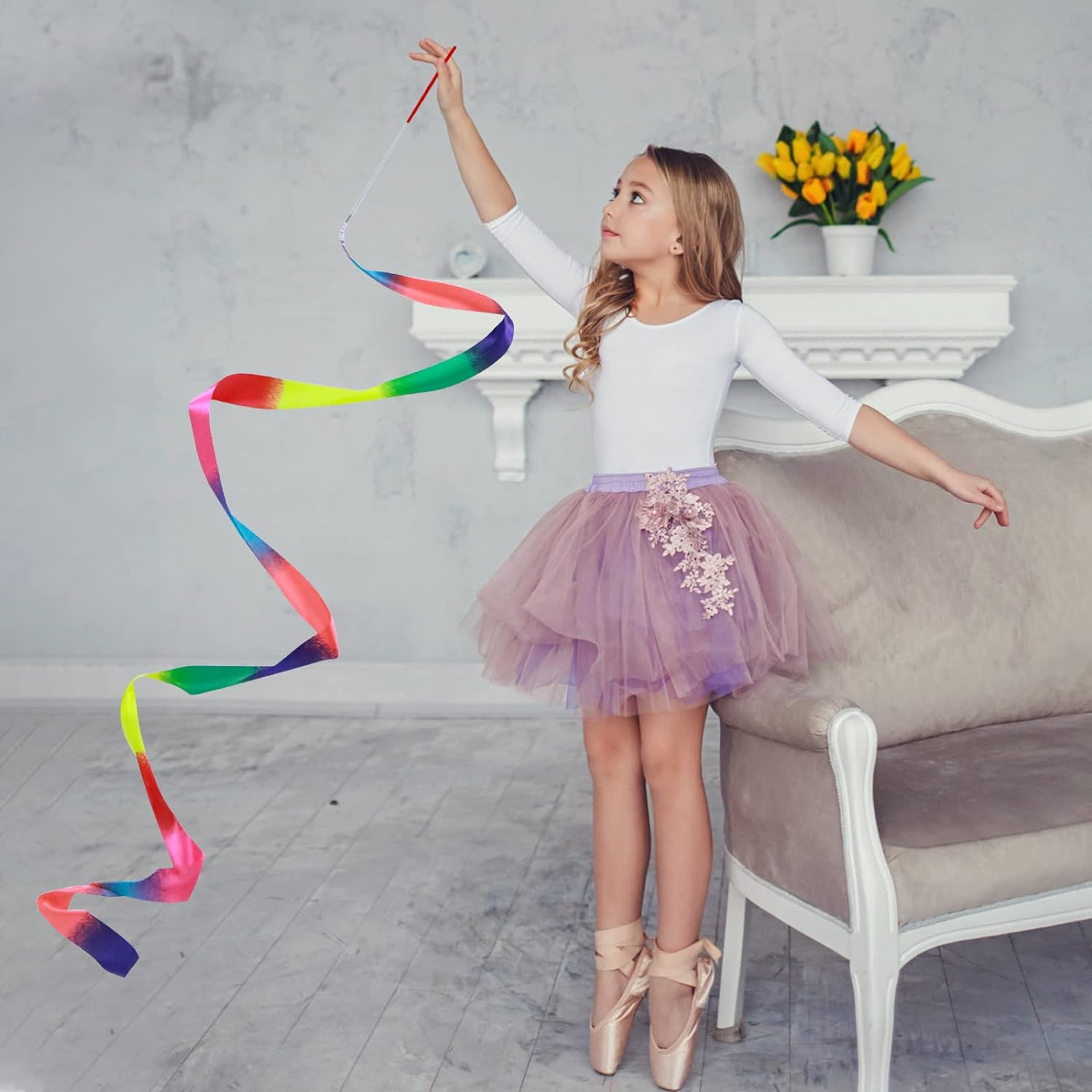 Abeillo 2Pcs Rhythmic Dance Ribbons, 78.7 Inch Gymnastics Ribbon Wand Dancing Ribbon Streamers for Kids, Fits Artistic Dancing Gymnastics, Circus Carnival Shows, Baton Stick Twirling image number 6