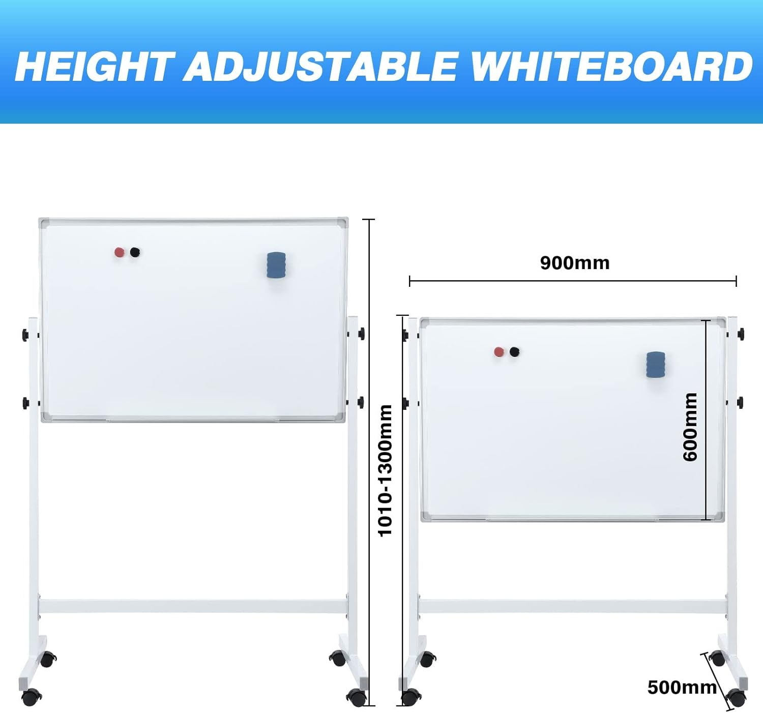 Double Sided Magnetic Whiteboard Interactive Mobile White Board Dry Erase Stand Casters Adjustable Height 90Cmx60Cm - 60Cmx90Cm image number 5