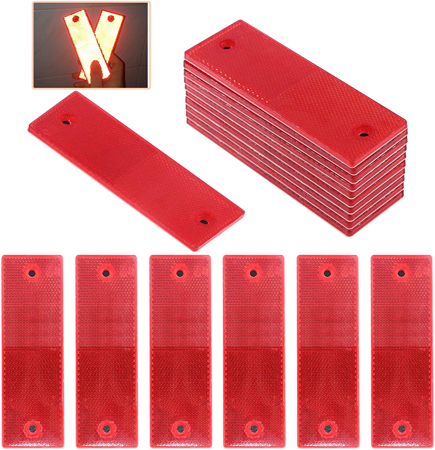 Rustark 20 Pcs Red Plastic Rectangular Stick-On Car Reflector Sticker Waterproof Reflector Tape Self-Adhesive Conspicuity Safety Warning Tapes for Truck Trailer Pickup