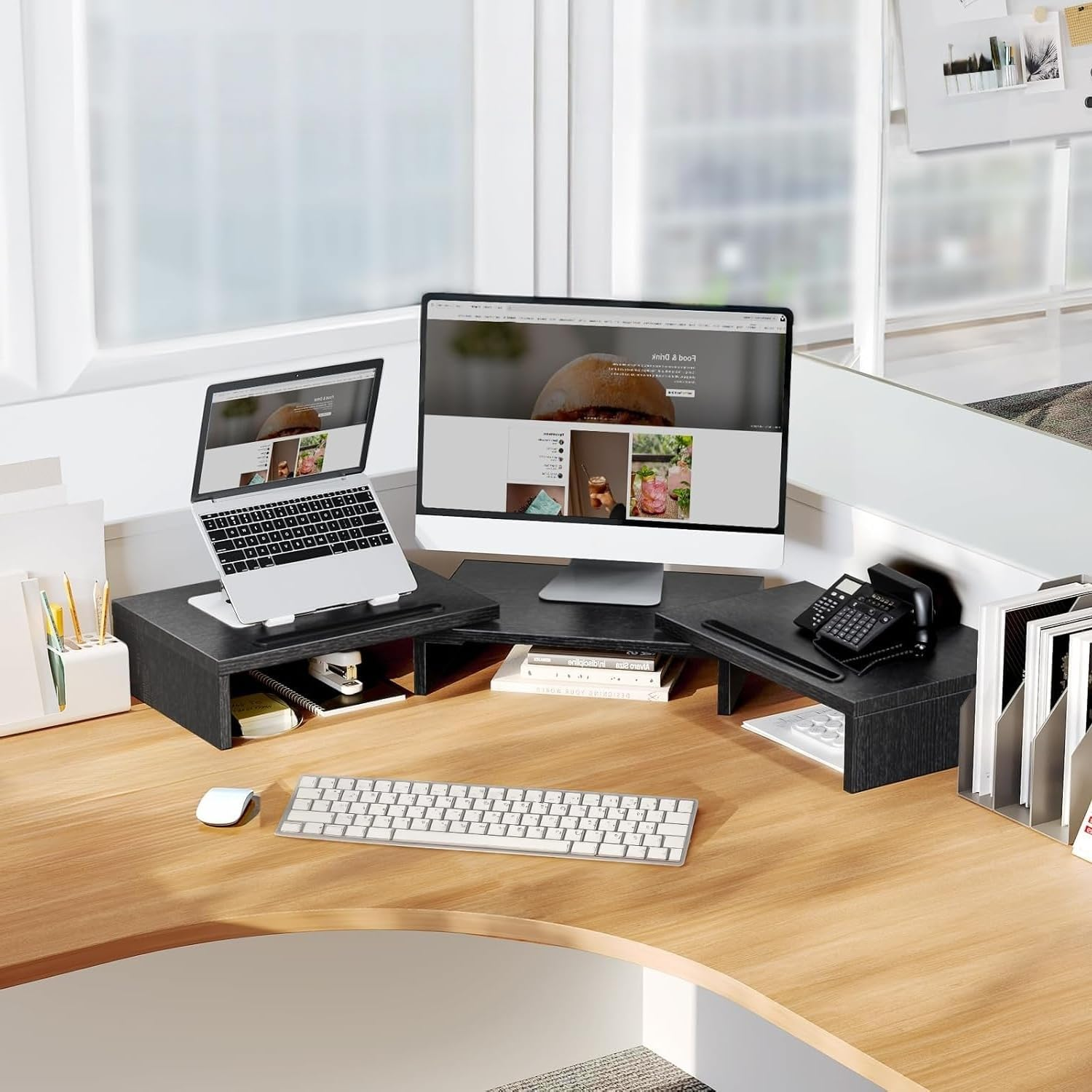 Dual Monitor Stand Riser with 3 Shelves, Adjustable Length and Angle, Ideal for PC, Computer, Laptop image number 1