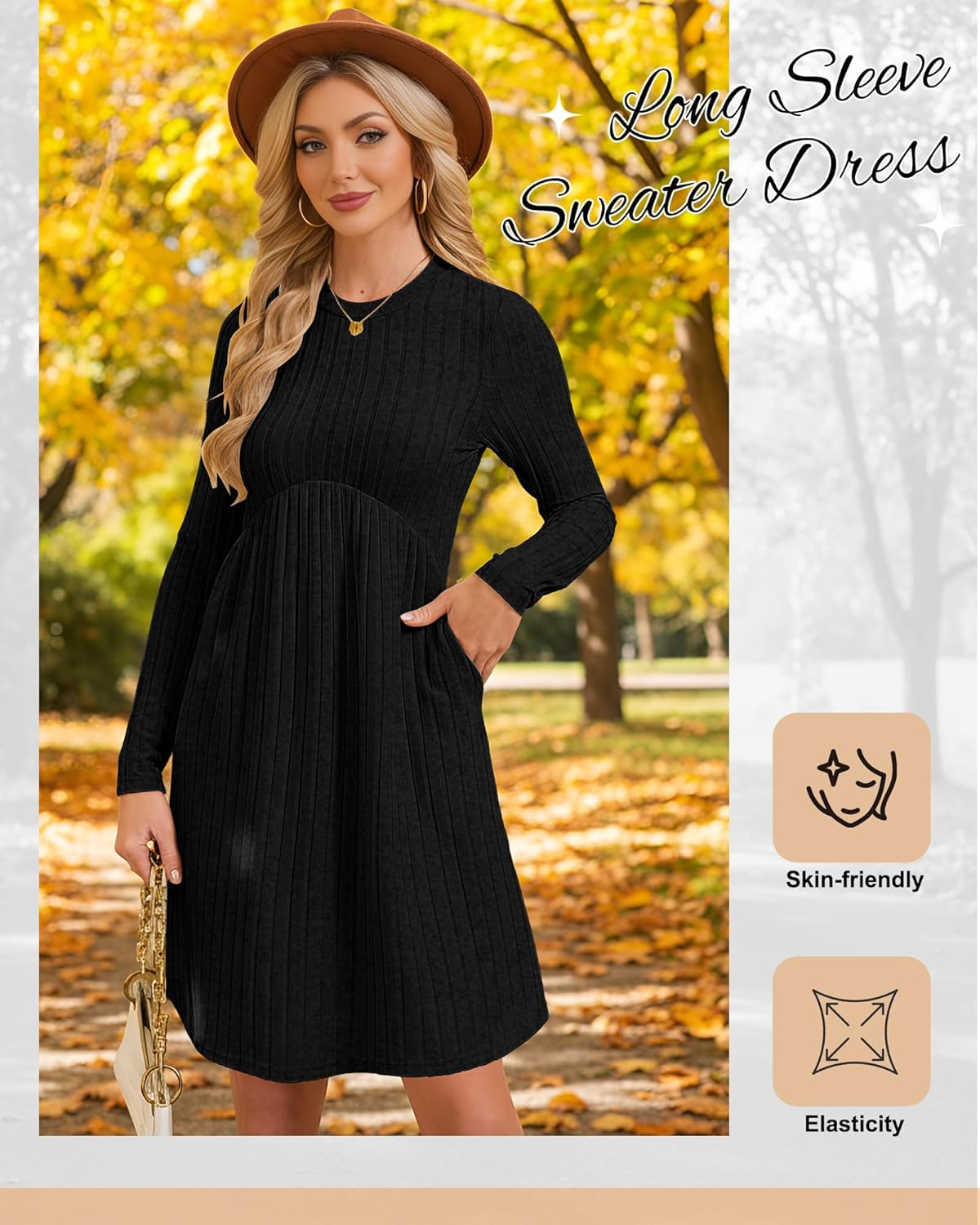 2 Pack Women Maternity Knit Sweater Dress Long Sleeve Casual Pregnancy Midi Dress Crew Neck Pleated Empire Waist