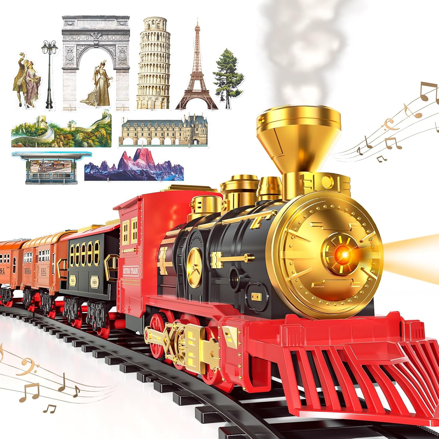 Train Sets with Steam Locomotive Engine, Cargo Car and Tracks, Battery Powered Play Set Toy W/Smoke, Light & Sounds, for Kids, Boys & Girls 3 4 5 6 7 Years Old image number 5