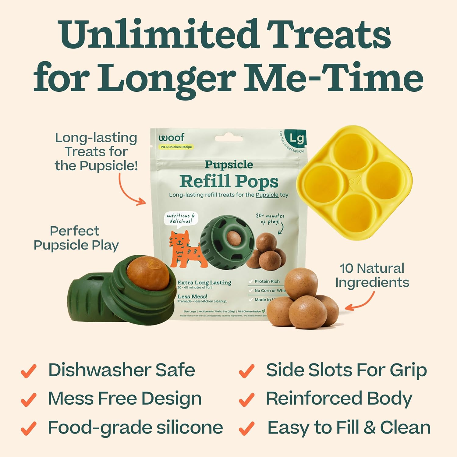 WOOF Starter Pack - Interactive Toys for Boredom - Treat Molds Silicone - Chicken-Flavored Healthy Treats - Pupsicle Enrichment Toy - Large Dog Toys - 25-75 Lbs image number 3