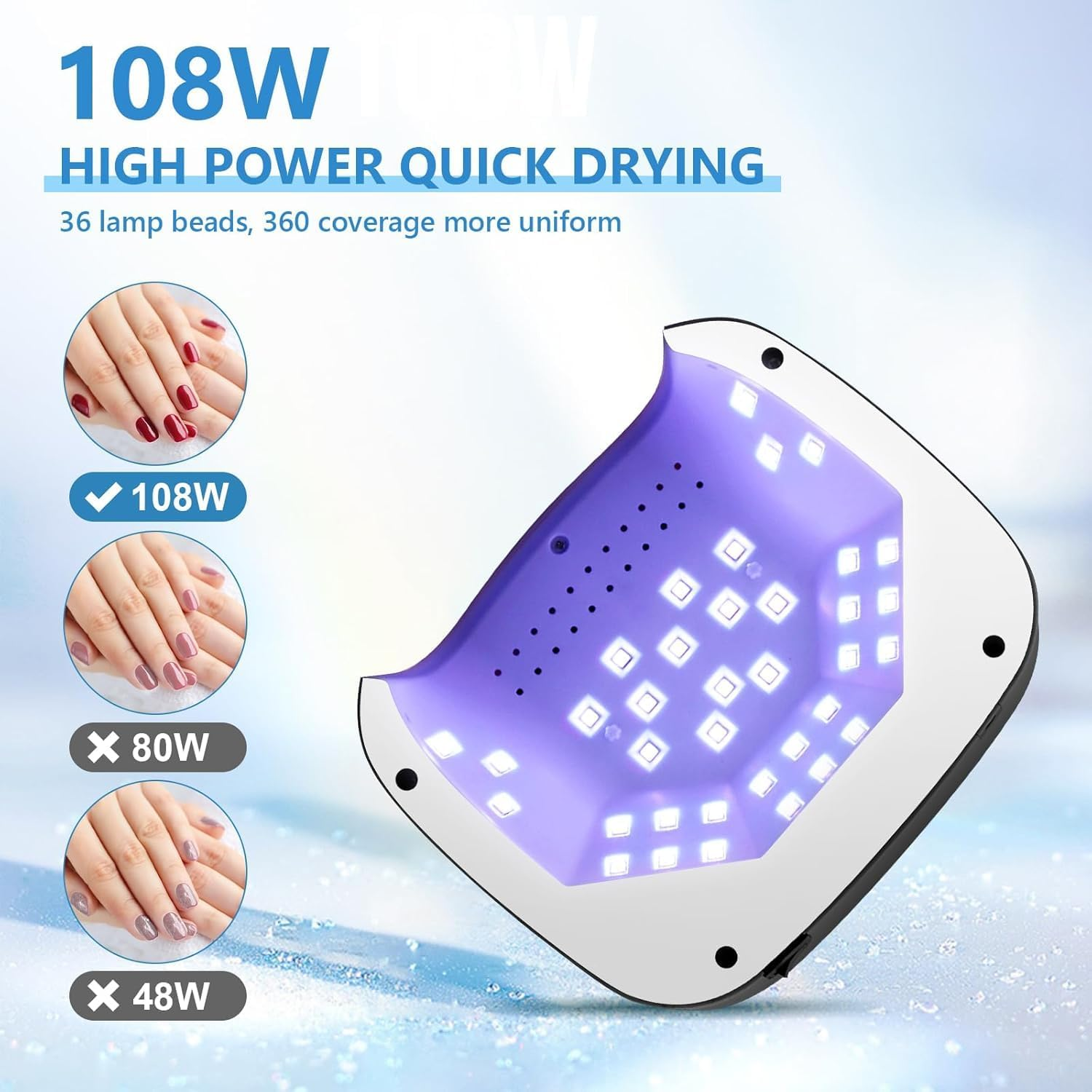 108W Cordless Rechargeable UV Light Nail Curing Lamp with Automatic Sensor/4 Timer Setting for Salon&Home, Nail Gel Polish Light Dryer Professional Nail Art Tools for Fingernail and Nail Tools (Black) image number 4