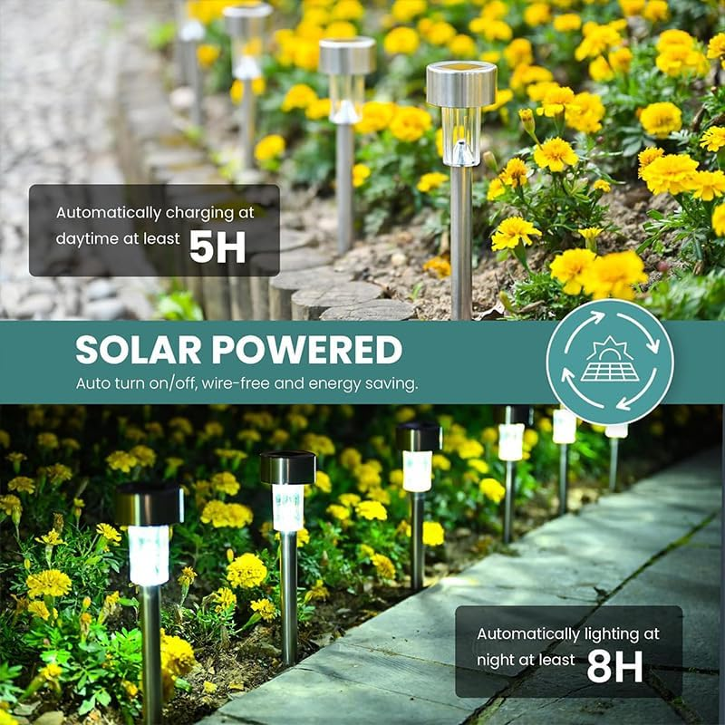 10-Pack Stainless Steel Solar Garden Lights LED Waterproof Landscape Lighting for Pathway, Patio, and Yard - Warm Light image number 3