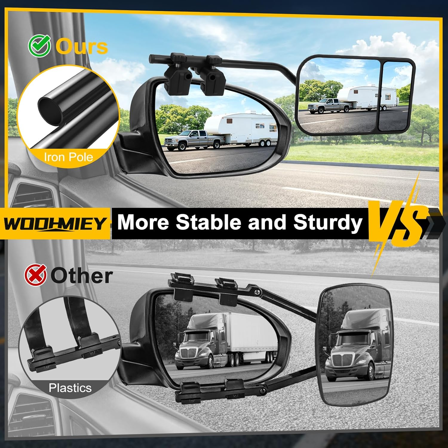 WODHMIEY Universal Towing Mirror, Clip on Towing Mirrors Extensions, 360 Degree Rotation, Adjustable Angle Metal Bracket for Trailer Bus RV Truck with ABS Glass Construction image number 2