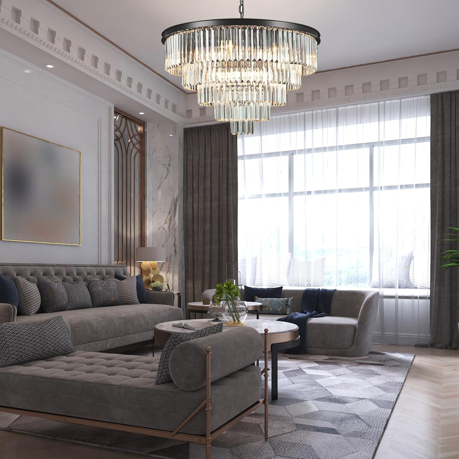 USOR 16 Lights Large Crystal Chandeliers D80Cm H50Cm Modern Luxury Flush Mount Ceiling Light Fixture 3 Colors Hanging Pendant K9 Crystal Chandeliers (Black+Clear Crystal, D80Cm X H50Cm) - Gold+ Clear Crystal image number 2