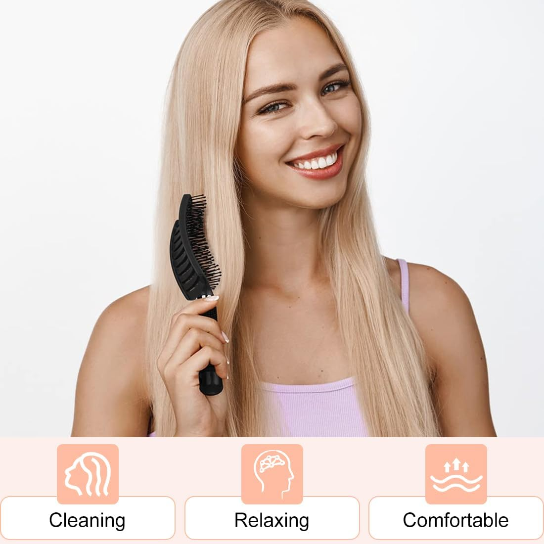 Hair Brush without Pulling, Boar Bristles Hair Brush, Boar Bristles Hair Styling Brush for Long Fine Thick Curly Hair (Pack of 2, Black and White) image number 3
