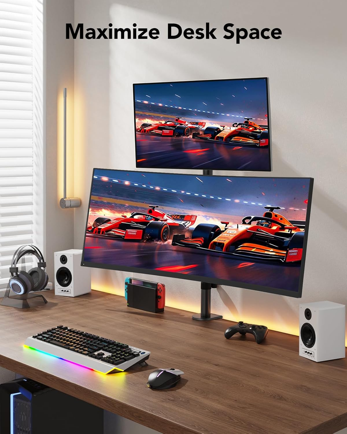 HUANUO Vertical Dual Monitor Mount, Stacked Monitor Stand for 2 Monitors with Height Adjustment Computer Monitor Arm Supports Two 17 to 32 Inch with C Clamp Each Desk Mount Hold up to 17.6Lbs image number 1