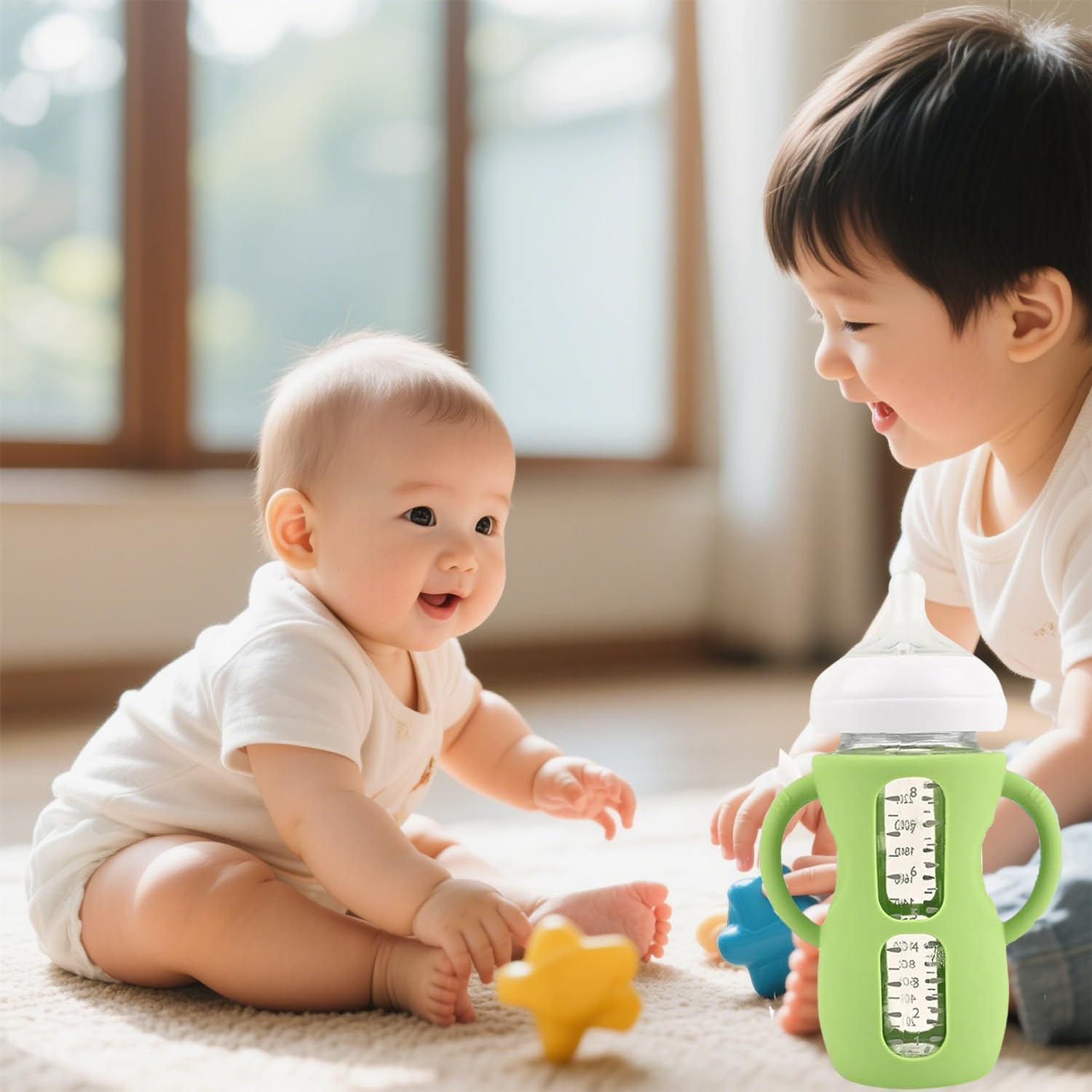 3-Pack Avent Glass Bottle Silicone Sleeve with Handles, Bpa-Free Drop-Resistant Baby Bottle Sleeves, Compatible with Philips Avent Natural Glass Baby Bottles (Bright Blue+Grey+Blue, 240Ml)