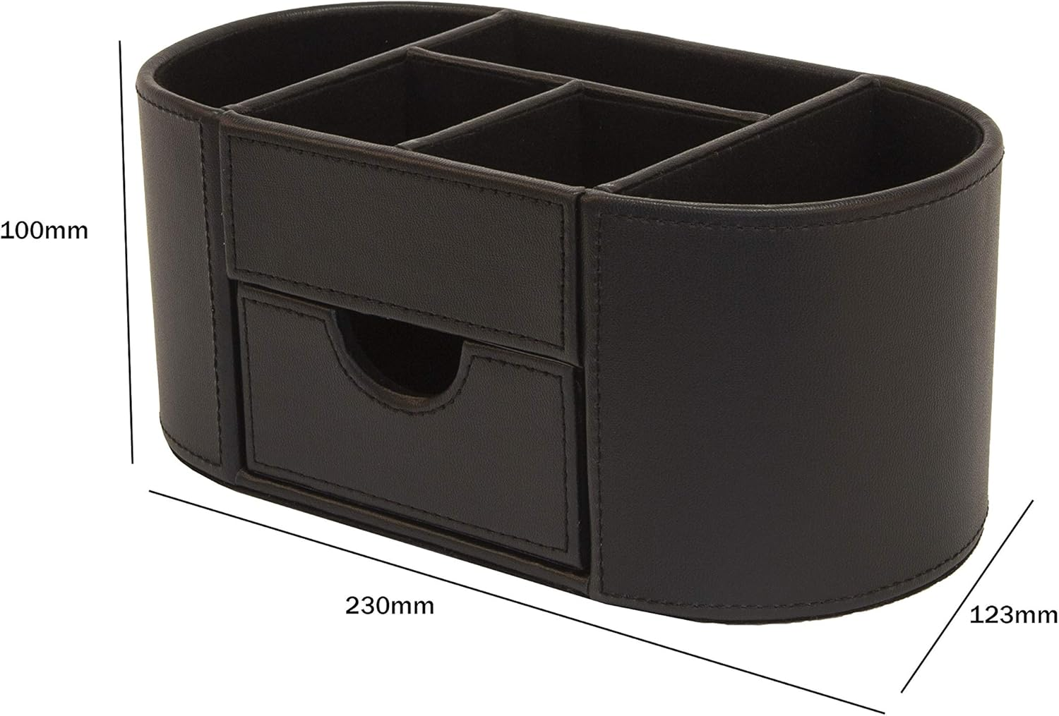 OSCO Black Faux Leather Desk Organiser with Drawer | Desk Tidy | Pen Holder | Makeup Container | Pencil Storage | 6 Compartments | Stationery Caddy | H10 X W23 X D12 Cm | image number 2