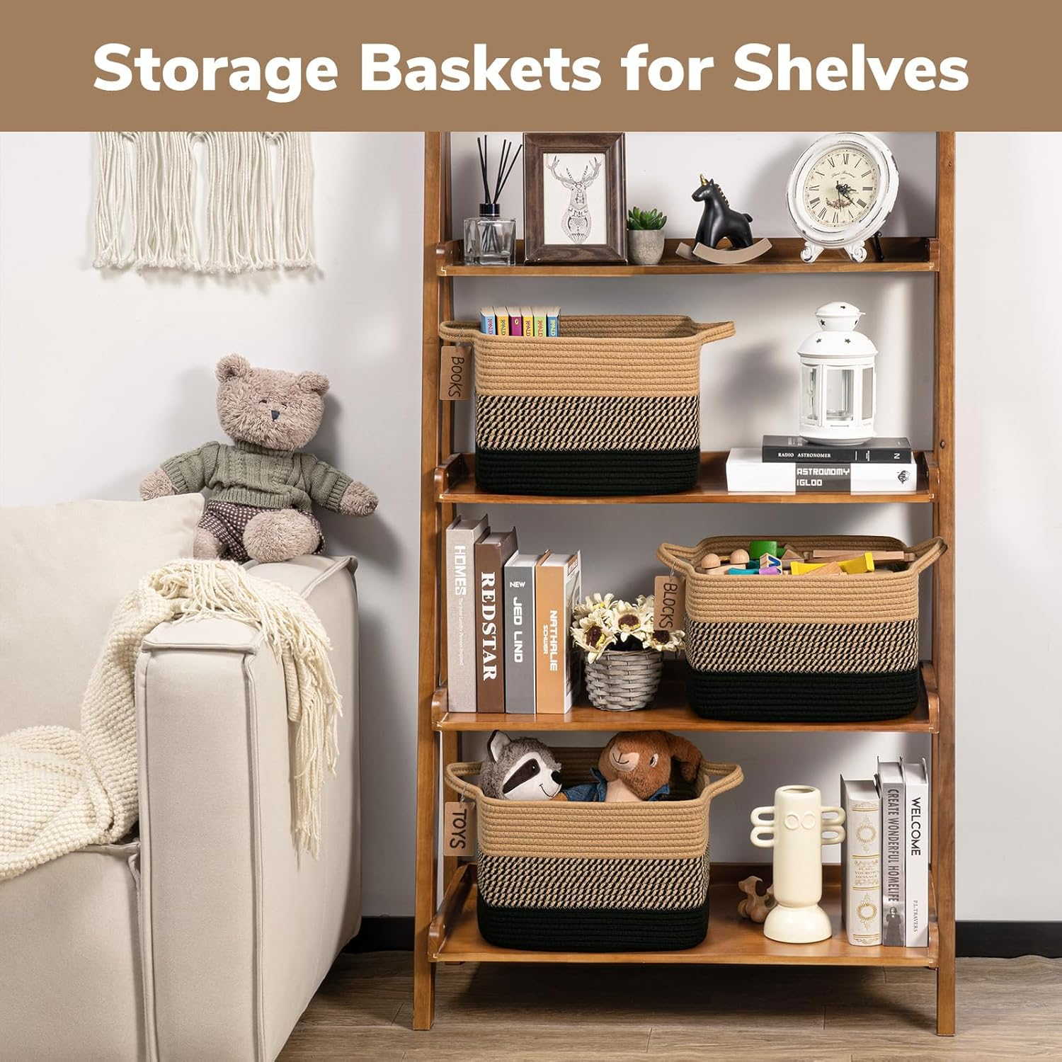 Storage Basket, Woven Baskets for Shelves, Cotton Rope Basket for Toys, Towel Baskets for Bedroom, 33 X 25 X 23Cm, 3 Pack, Black Jute image number 1