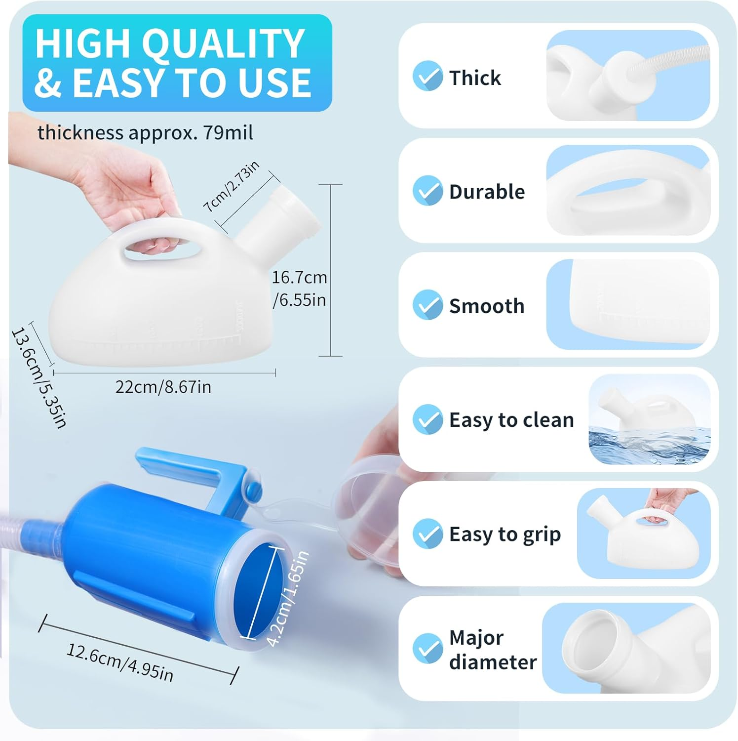 ENLUNTRA Portable Urinal for Men 2000 Ml，Reusable Pee Bottle for Men 60" Long Hose with Lid, Urinal for Men Spill Proof Nighttime for Men for Hospital Incontinence Elderly, Travel, Car, Truckers, White image number 4