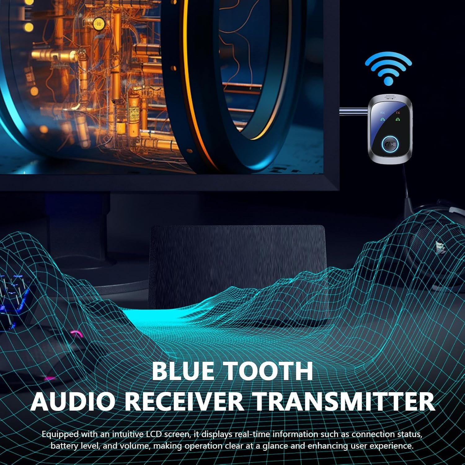 Wireless Adapter,Wireless Receiver Transmitter | Double Stream Multipoint 2 in 1 Hifi LCD Screen for Music Game Consoles Tvs Speakers Cell Phones Pc Car Home Gym