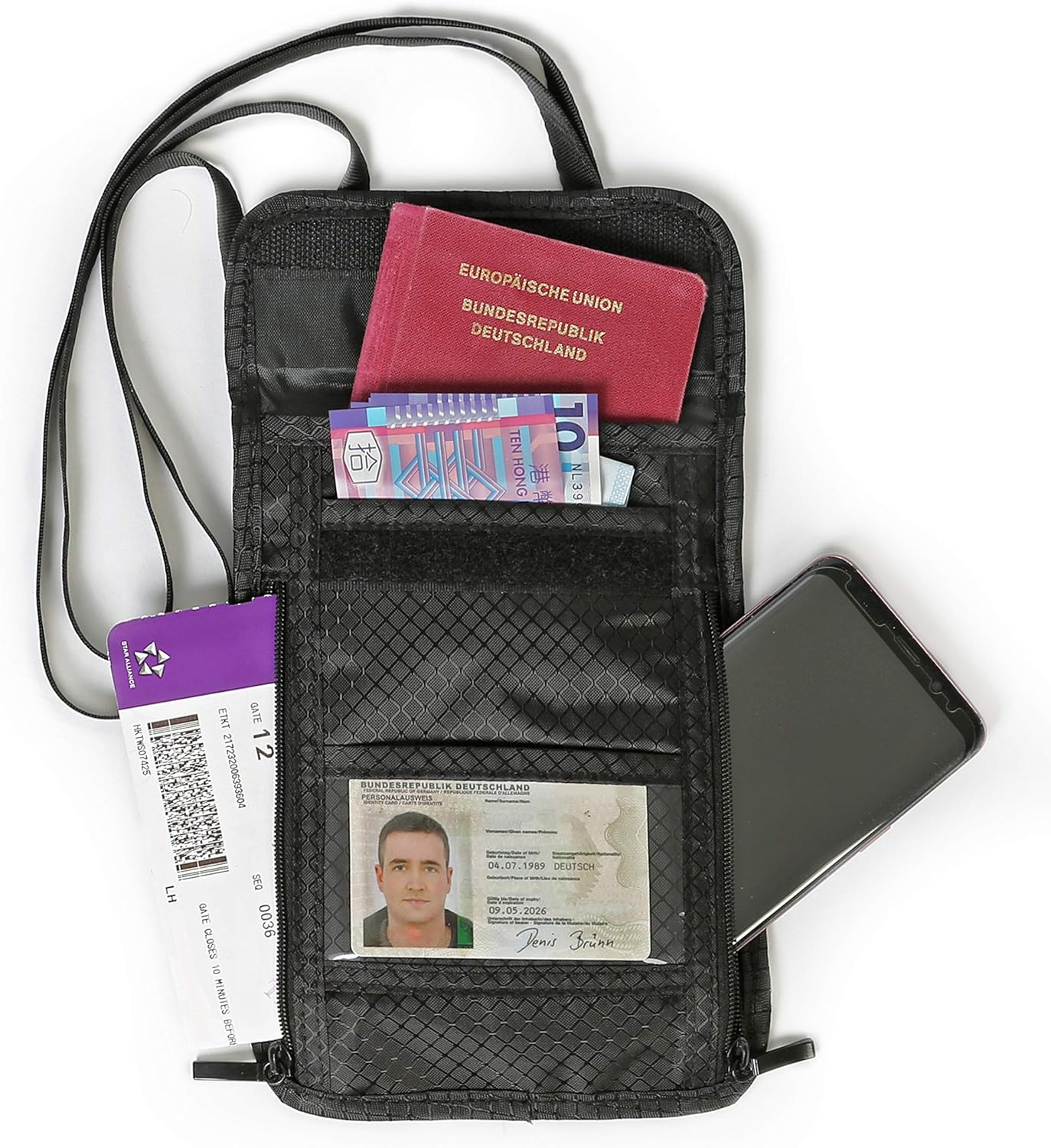 HOPEVILLE Neck Pouch with Six Compartments, Extra Flat Water-Repellent Premium Chest Pocket and Purse for Travel and Leisure, Black, 21 Cm Lang, 15 Cm Breit image number 3