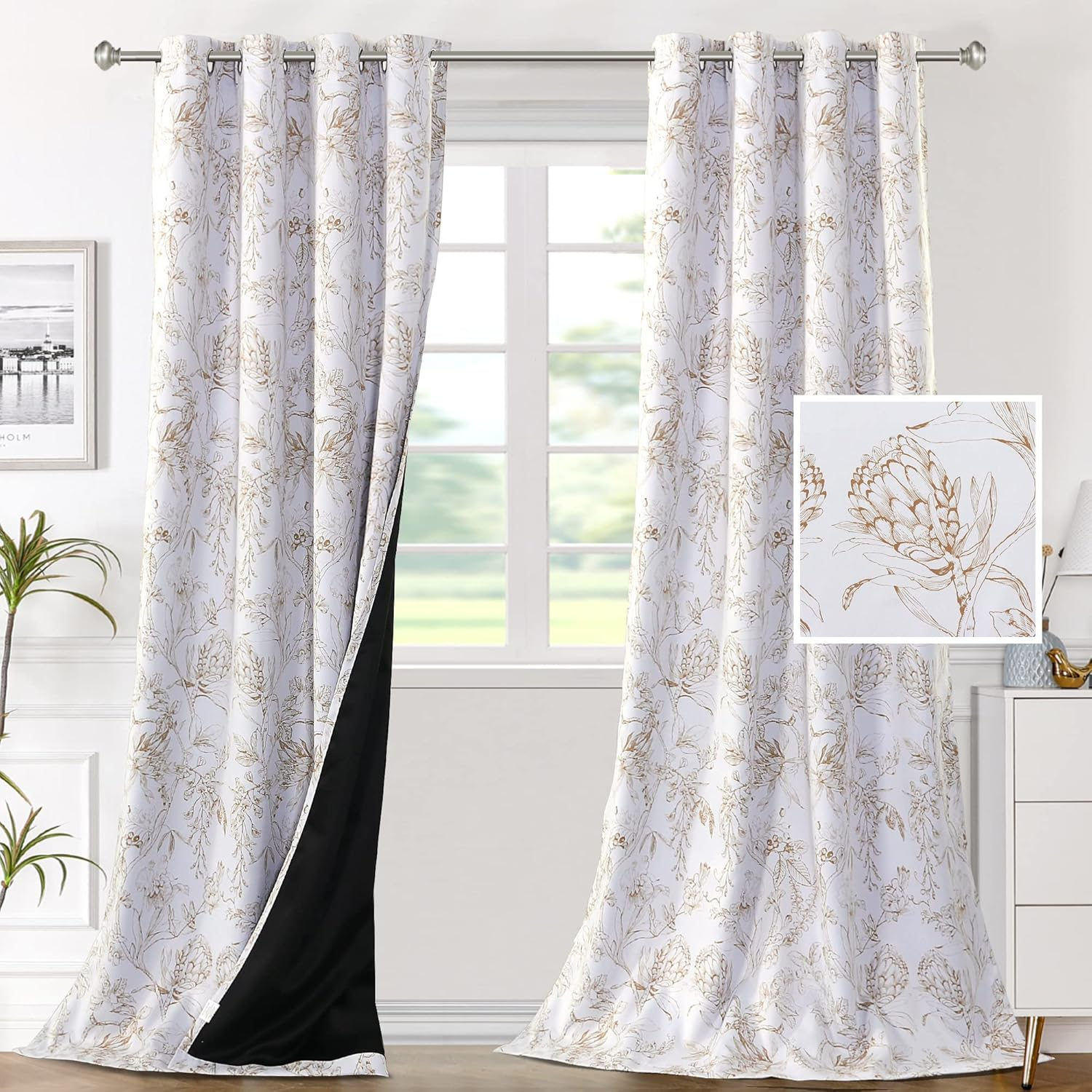 H.VERSAILTEX 100% Blackout Curtains for Living Room Camellia Floral Light Blocking Window Treatment Curtains with Black Liner Grommet Thermal Drapes, 2 Panels Set, Each W132Cm X D213Cm, Black