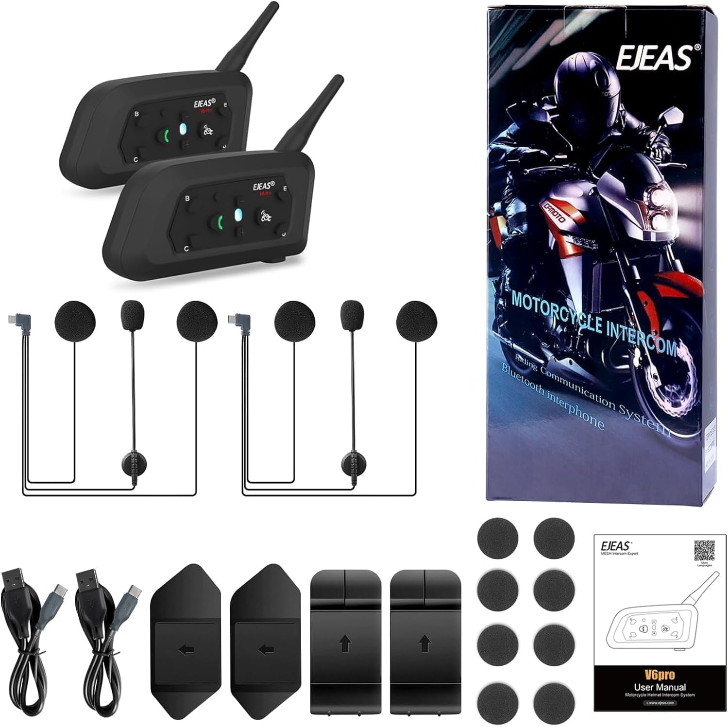 EJEAS V6 Pro Motorcycle Bluetooth Headset, 2 Riders Intercom Bluetooth 5.1 Helmet Communication System with Hands-Free Call and Noise Reduction for Motorcycling Skiing and Climbing (2 Pack) image number 1