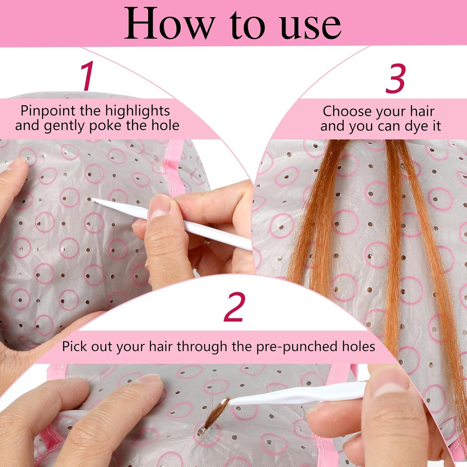 Bewudy Pack of 3 Highlight Caps, Adjustable Colouring Highlighting Cap with Plastic Hooks for Women Girls, Highlight Hair Cap Highlight Cap with Holes for Salon Home Use Hair Dye Centre, Pink, Purple, image number 4