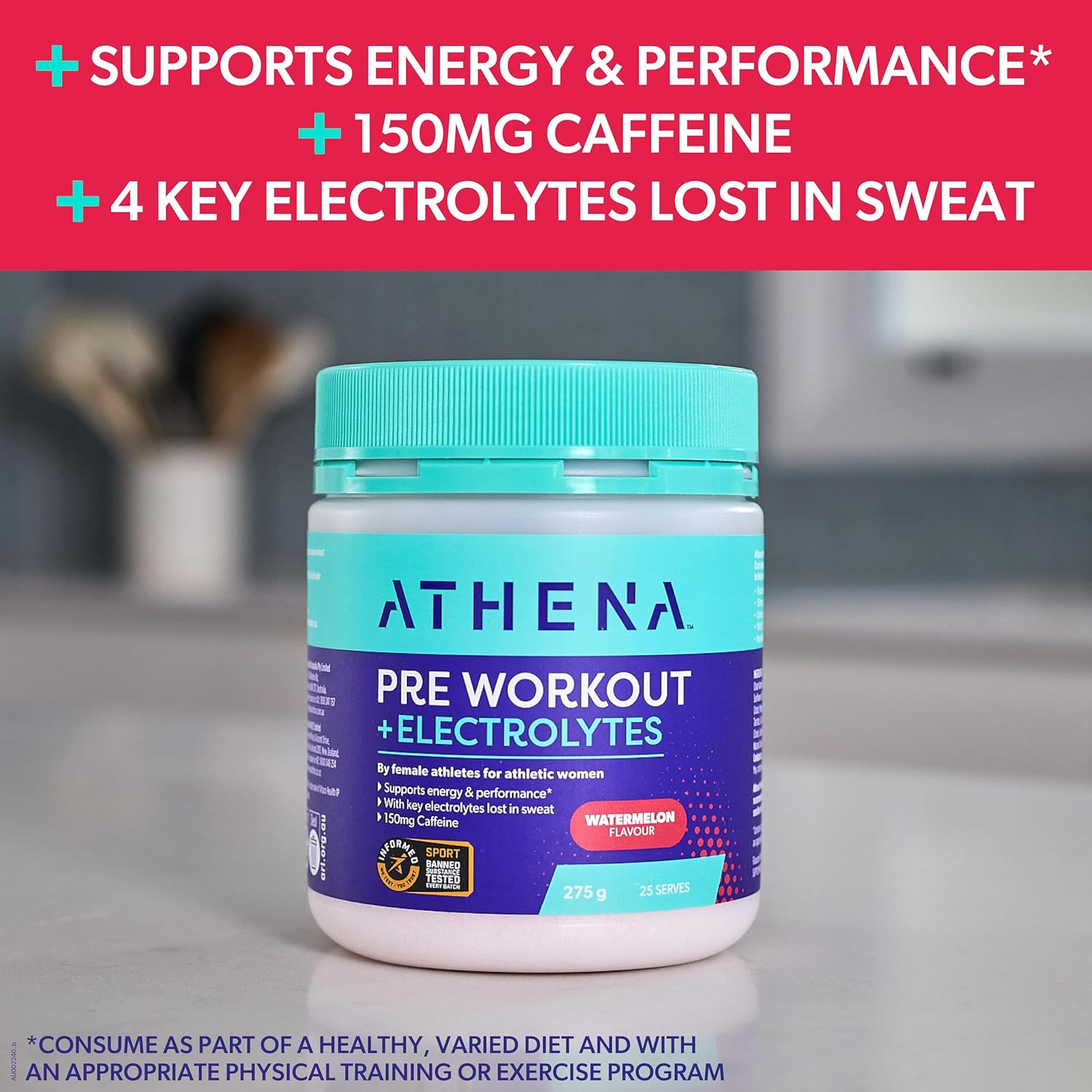 Athena Pre-Workout Watermelon Flavour with Electrolytes 275G &ndash; Designed for Women&rsquo;S Performance Boost