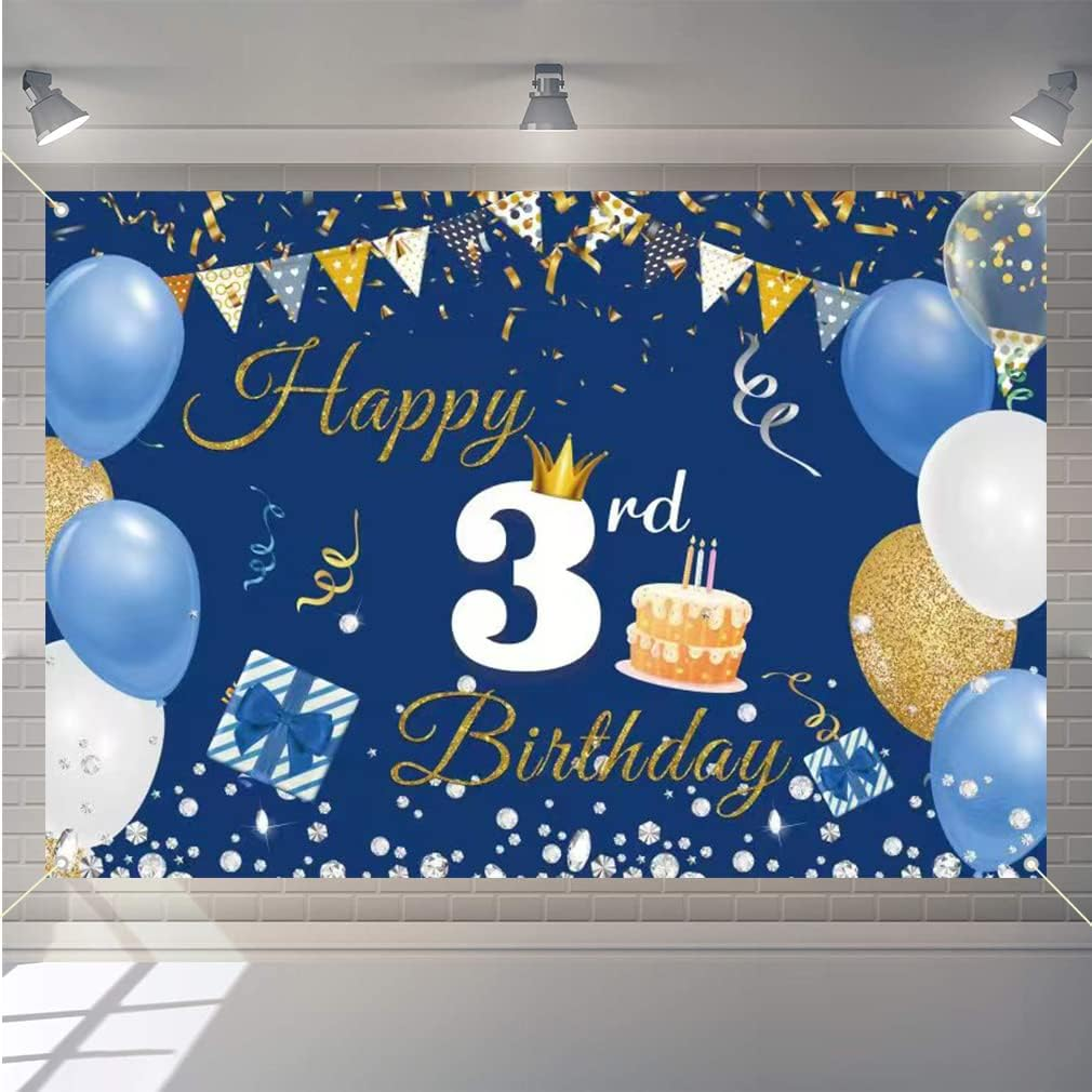 3Rd Birthday Decorations Happy 3Rd Birthday Backdrop Banner for Boys/Girls Happy 3 Years Old Fabric Sign Poster, Blue Photography Background Third Birthday Party Table Decoration, 59"X35.4" image number 1