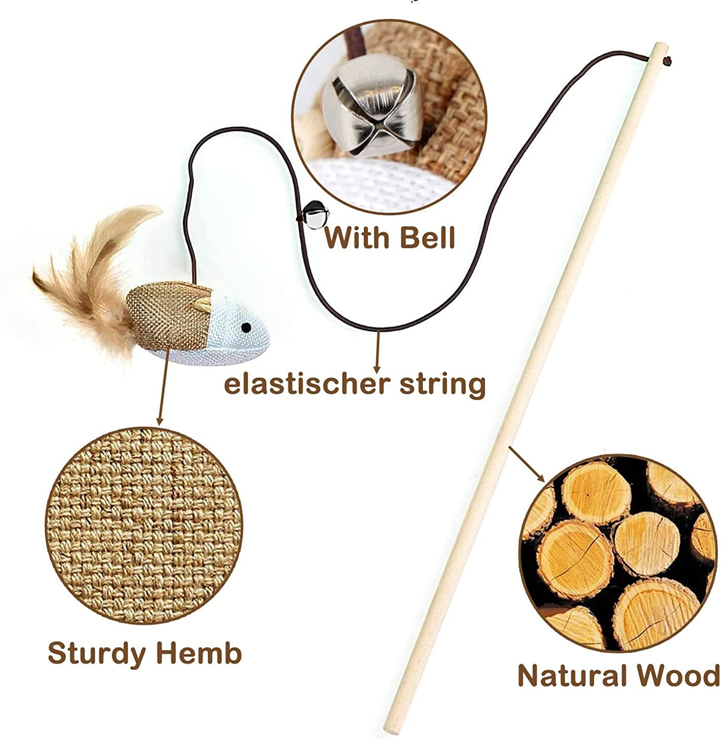 Cat Teaser Wand Toys,Cat Feather Toy,Cat Interactive Toys,Fishing Rod with Mouse, for Play, Exercise, Activity & Fun, Indoor Cats Kitten Interactive Training (5Pcs) image number 4