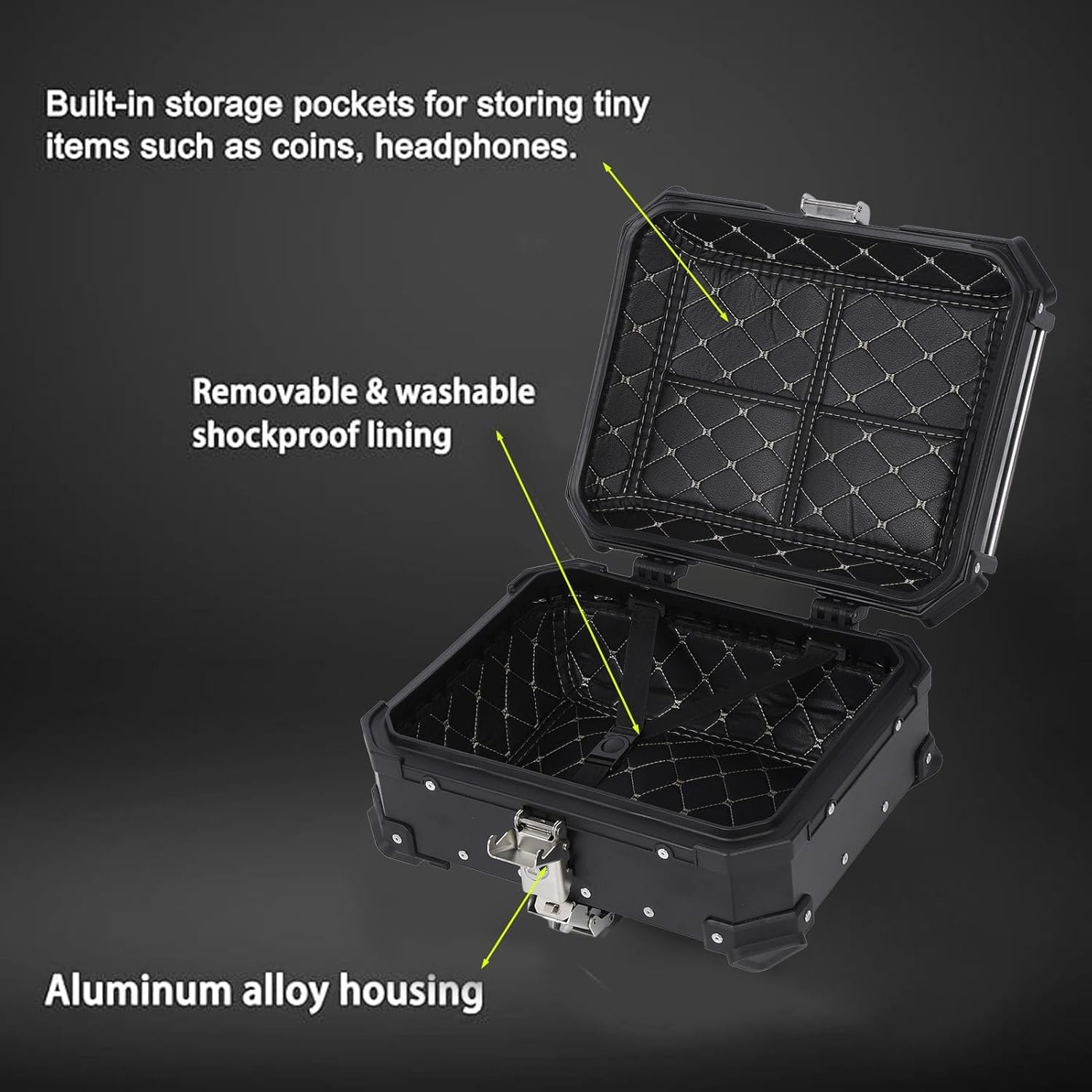 25L Motorcycle Top Case Tail Box, Aluminum Alloy Water Proof Universal Trunk Storage Case, Motorbike Rear Top Box with Safety Lock & Shockproof Lining (Black) - Silver image number 3