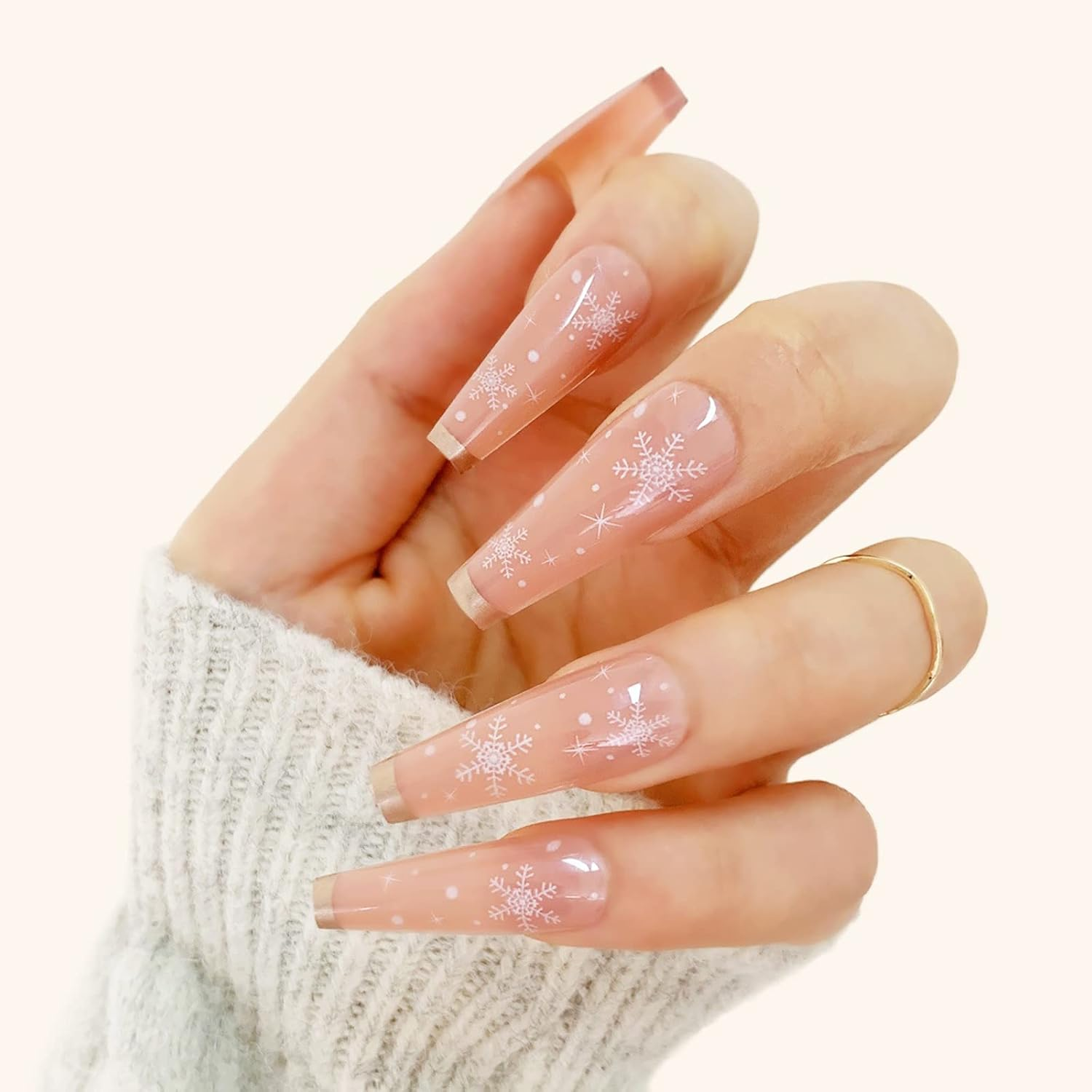24 Pcs Press on Nails, Sunjasmine Fake Nails with Designs, Acrylic Nails False Nails with Nail Glue for Women (Long Snow)