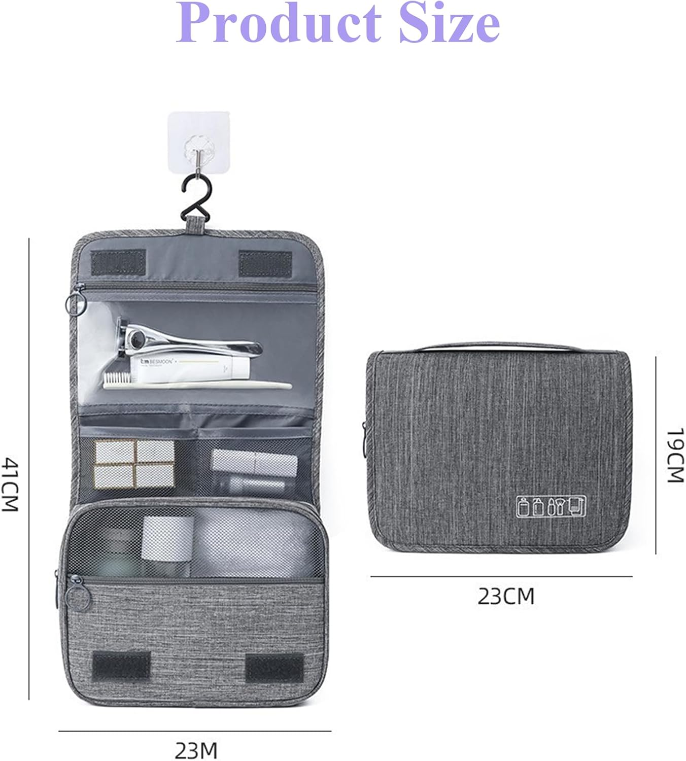 Rhoyee Hanging Toiletry Bag &ndash; Waterproof Travel Toiletries Organizer with Hook, 4-Layer Foldable Makeup & Shower Bag for Men and Women, Compact Bathroom Storage Pouch (Grey) image number 2