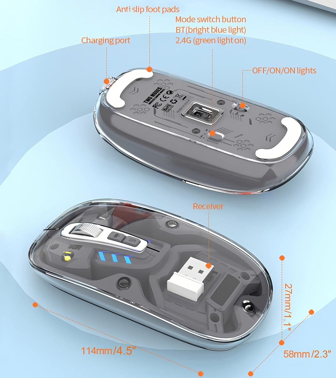 Lancoon Wireless Transparent Mouse with 2.4G Mute Button Cool Blue Light 3 Adjustable DPI Optical Sensor Rechargeable Design Magnetism Cover for Computer Gaming Home - Gray image number 2