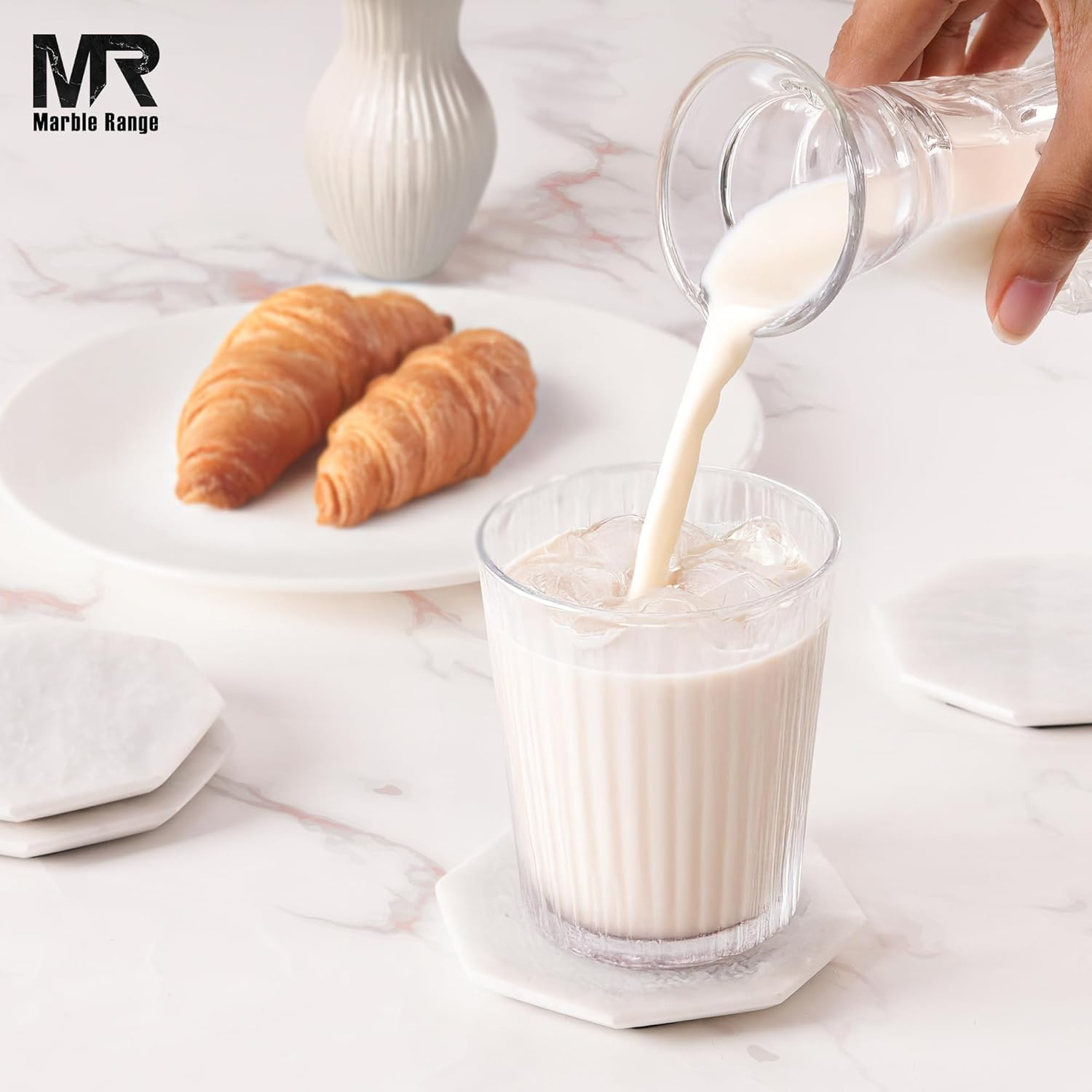 Marble Coasters Set of 6 Handmade 3.5" Inches White Stone Drink Coasters for Coffee Table, Kitchen & Living Room Decor | Elegant Coaster Set for Hot & Cold Drinks - White image number 3