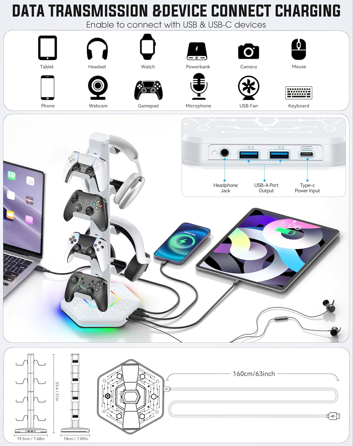 Kytok RGB Controller Holder for Ps5/Ps4/Xbox/Switch, Headphone Stand with 2 USB Charging Ports & Type-C & Headphone Jack, Controller Stand with Cable Organizer, Headset Holder for Desk, 4 Tiers White image number 2