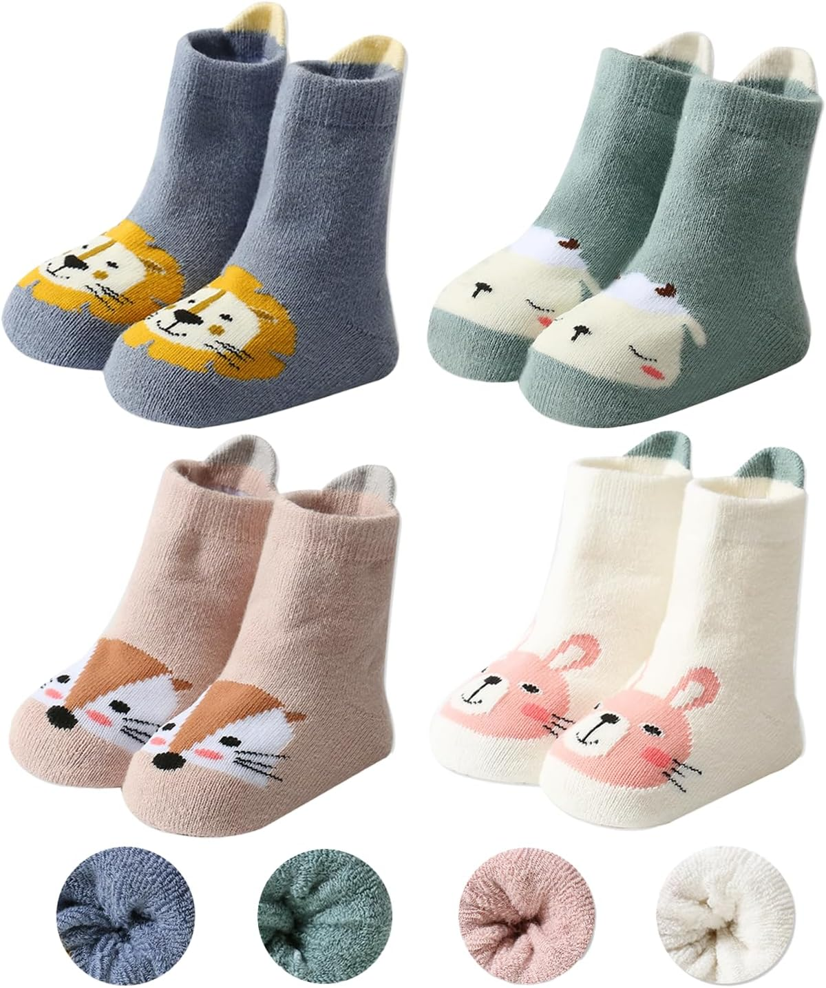Unisex Baby Warm Thick Socks, Baby Toddlers Non-Slip Ankle Crew Socks Animal Breathable Children Floor Crawling Socks Soft Cotton Thermal Crew Socks for Infant Kids Baby Girls Boys 0-5 T 4-Packs image number 3