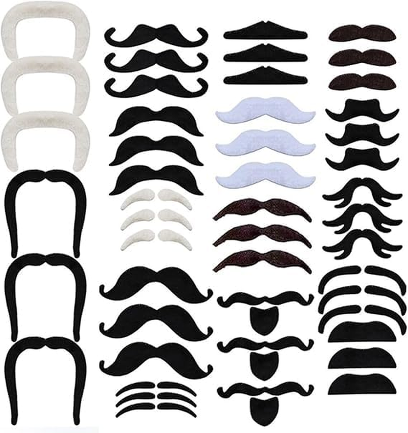 Fake Moustache, Fake Mustache Set, Various Styles Novelty Mustache Stickers for Men Women, Self Adhesive Fake Beard Funny Fake Mustache for Halloween Masquerade Party (White+Black) image number 2