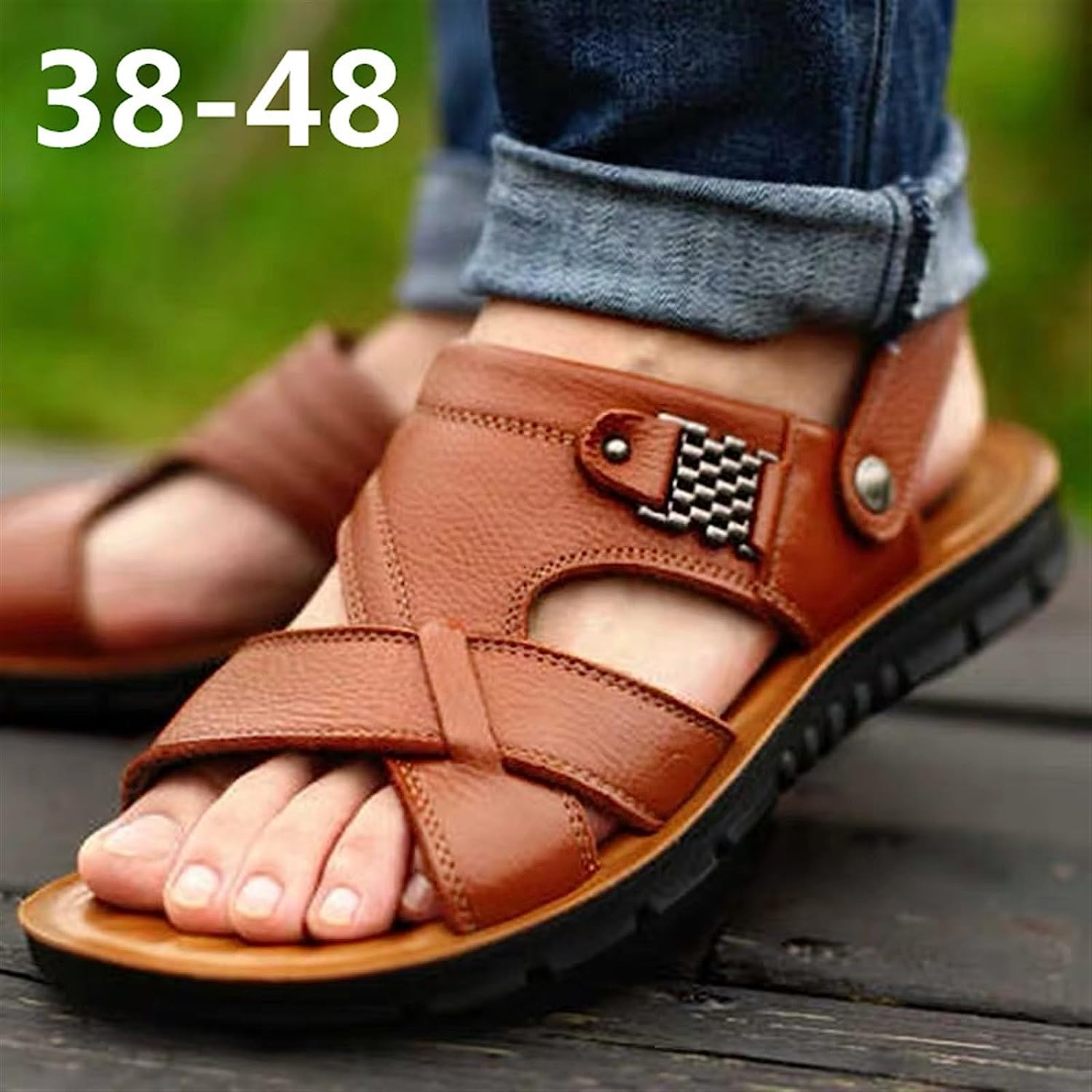 Men Summer Sandals Genuine Leather Comfortable Casual Sandals Fashion Men Slippers Arch Support Non-Slip Shoes (Color : Black, Size : 8) image number 3