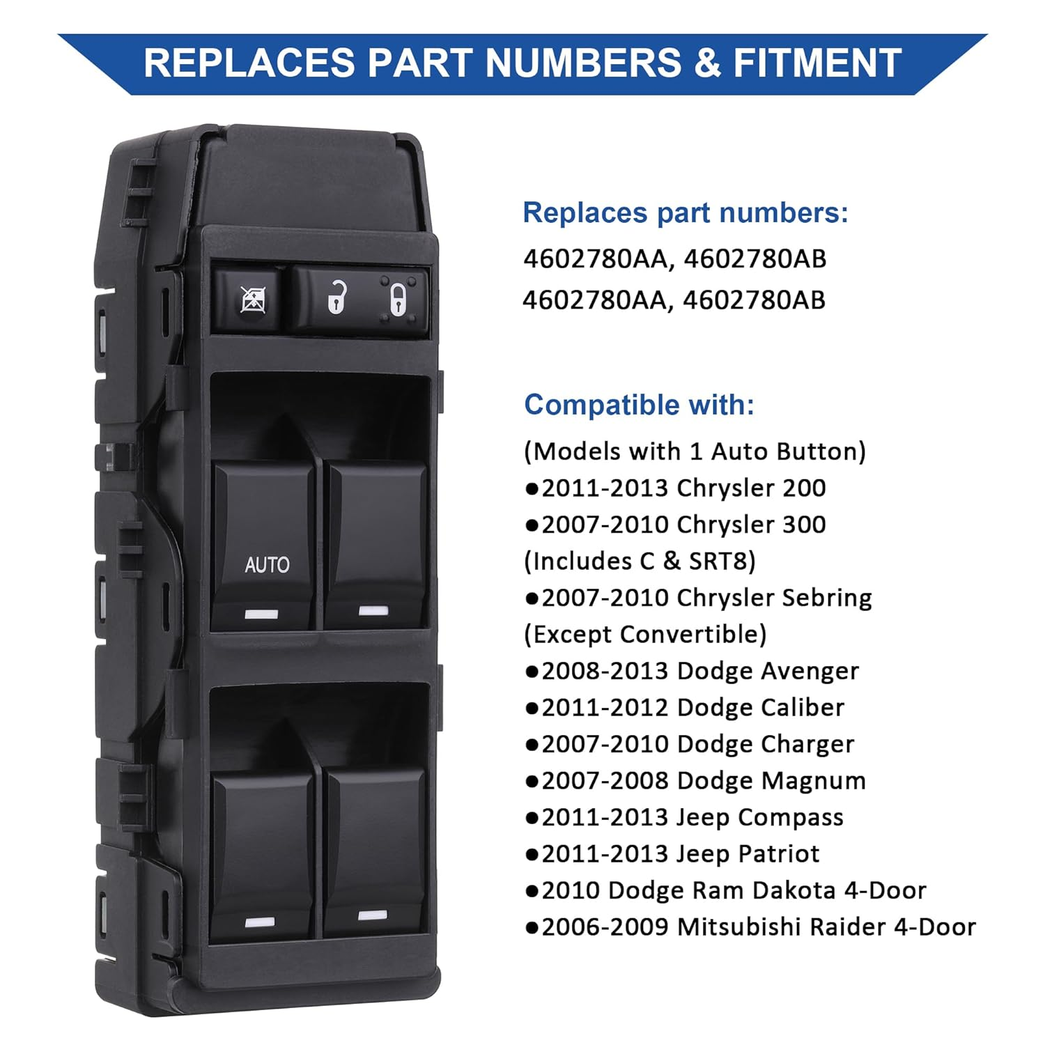 Master Power Window Switch Front Left Driver Side, Compatible with 2008-2013 Dodge Avenger Caliber Charger Magnum Dakota 07-10 Chrysler 200 300 Sebring 11-13 Jeep Compass Patriot 4602780AA, 4602780AB image number 3