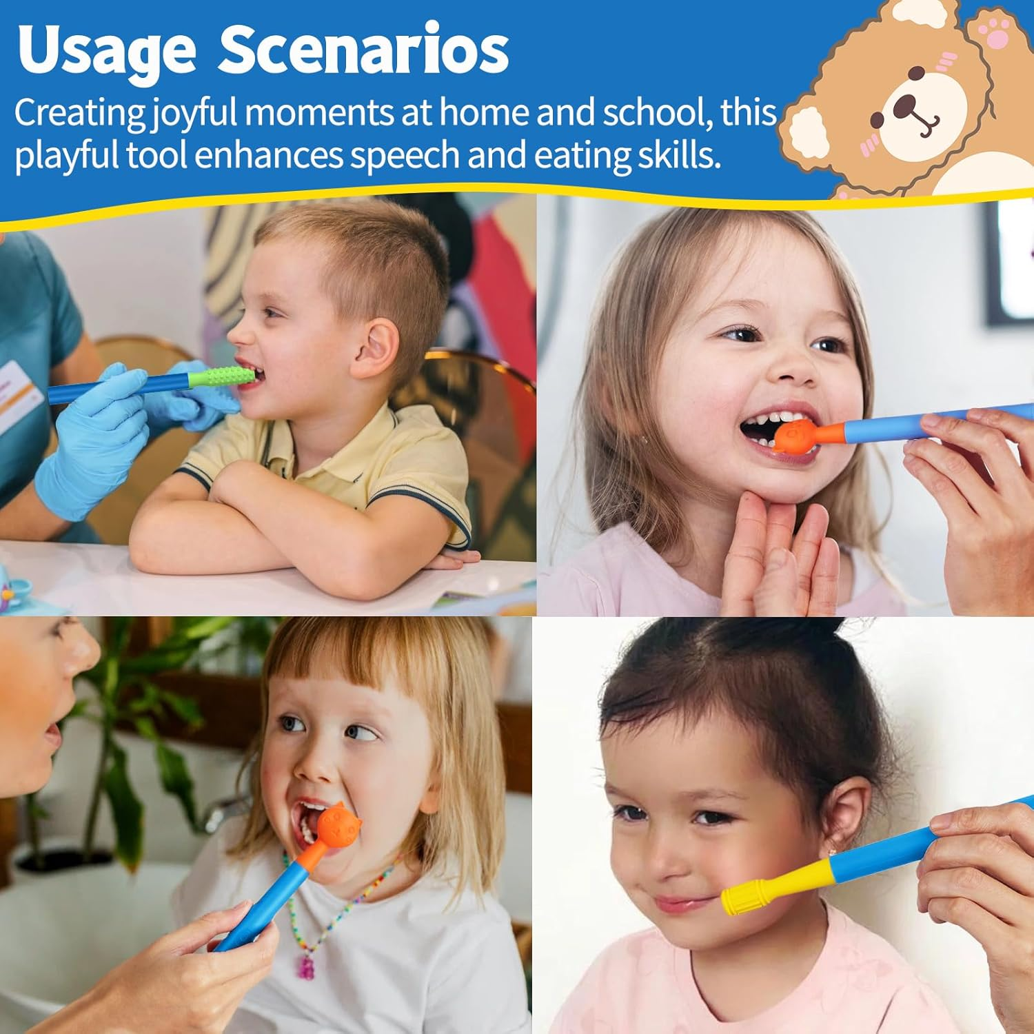 Speech & Feeding Support Kit: Oral Motor Stimulation with 6 Soft Textured Heads for Muscle Strength & Phonation Improvement-Blue image number 5