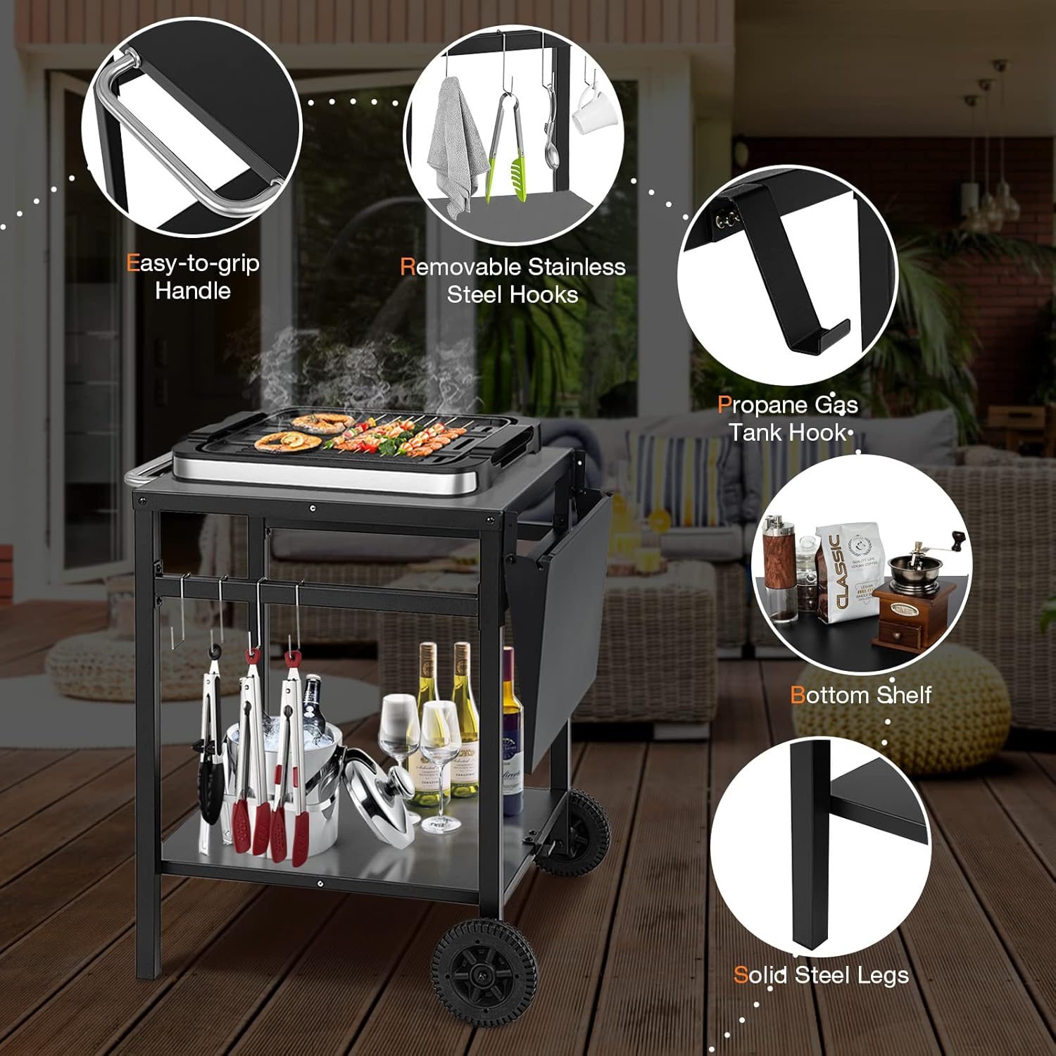 Giantex Outdoor Pizza Oven Stand Grill Cart with Wheels, Foldable Side Table, Gas Tank Hook, 4 Removable Hooks, Double-Shelf Movable Dining Cart Food Prep Worktable Trolley for outside Kitchen BBQ