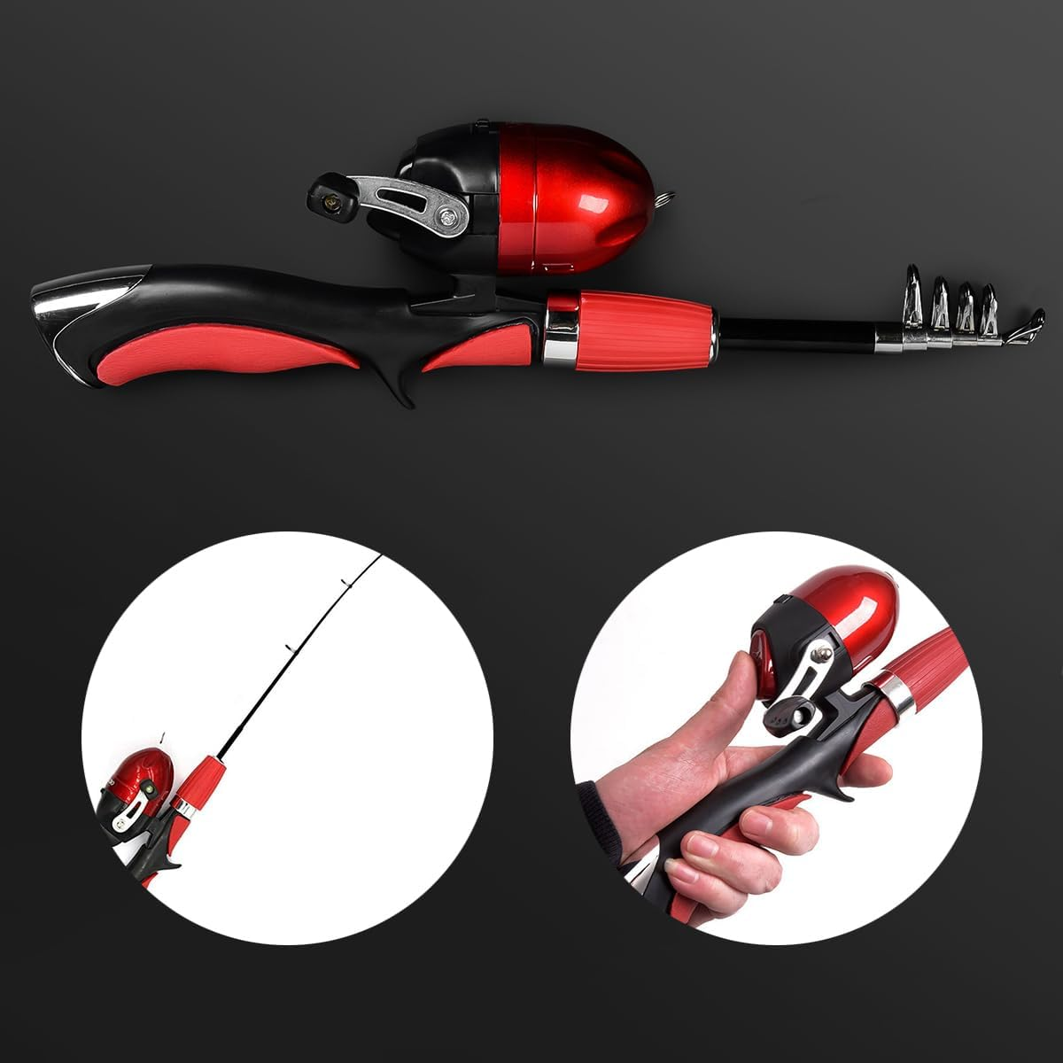 AIMALL Mini Children Sea Rod Set - Portable Retractable Road Rod Fishing Gear, Full Kit, 21.7&rdquo; Total Length, Red and Black image number 6