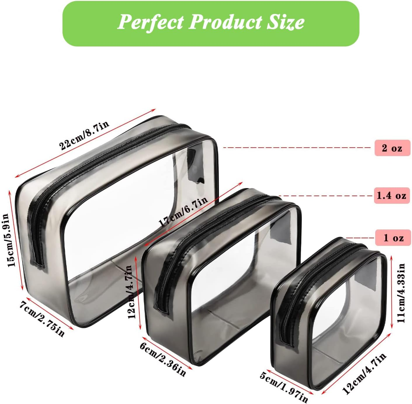 Set of 3 Clear Cosmetic Bags - Clear Travel Makeup Bags, Clear Toiletry Bags, Portable Clear Pouches, Transparent Travel Pouch Bags with Zipper for Women, Girl (Clear) - Black image number 2