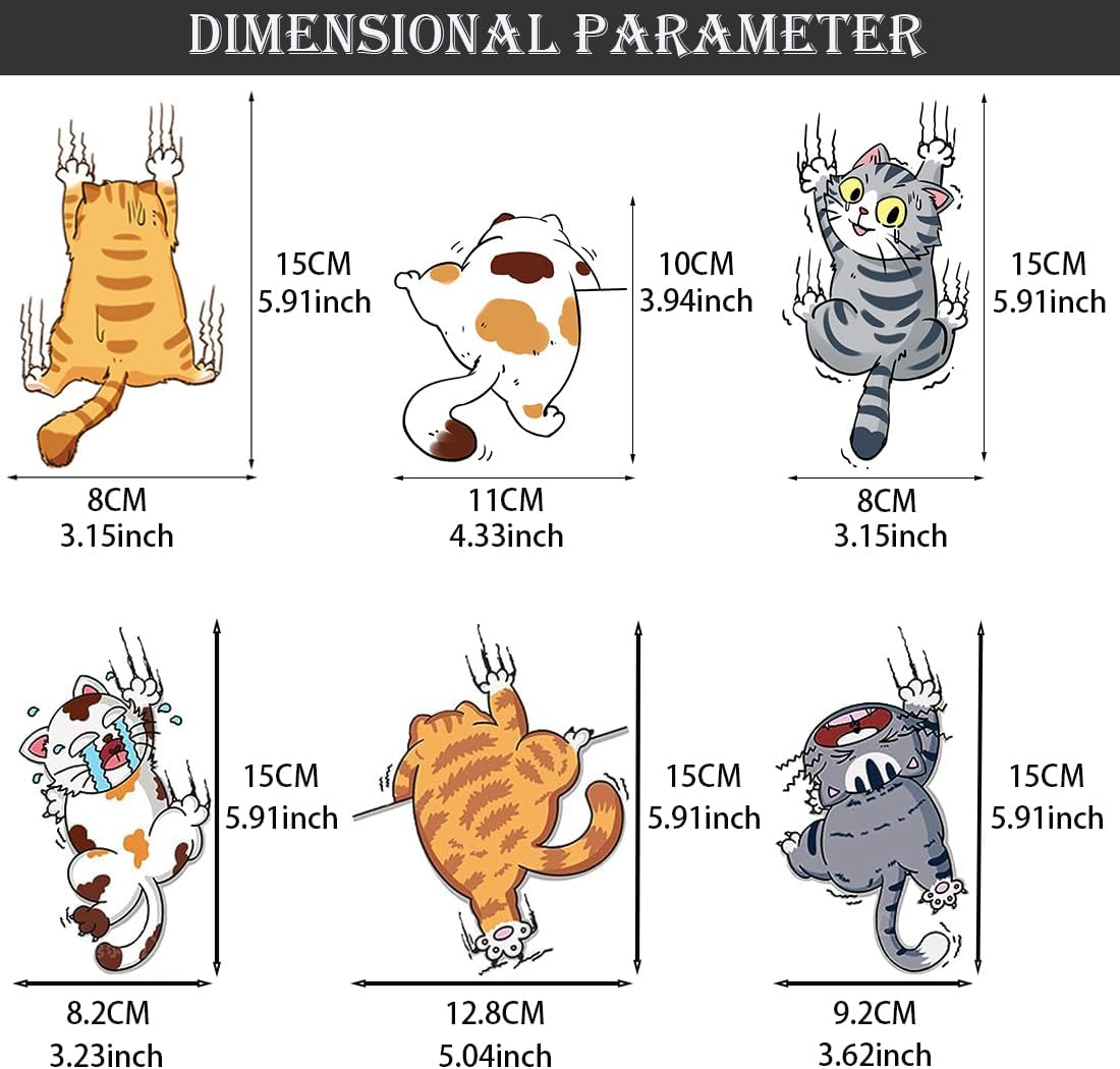 6 PCS Cat Car Stickers,Scratch Cat Vinyl Car Sticker,Cute Cats Scratch Cover Funny Bumper Decal,Cartoon Cat Car Sticker for Cars,Truck,Motorcycle,Windows,Refrigerators,Laptops image number 2