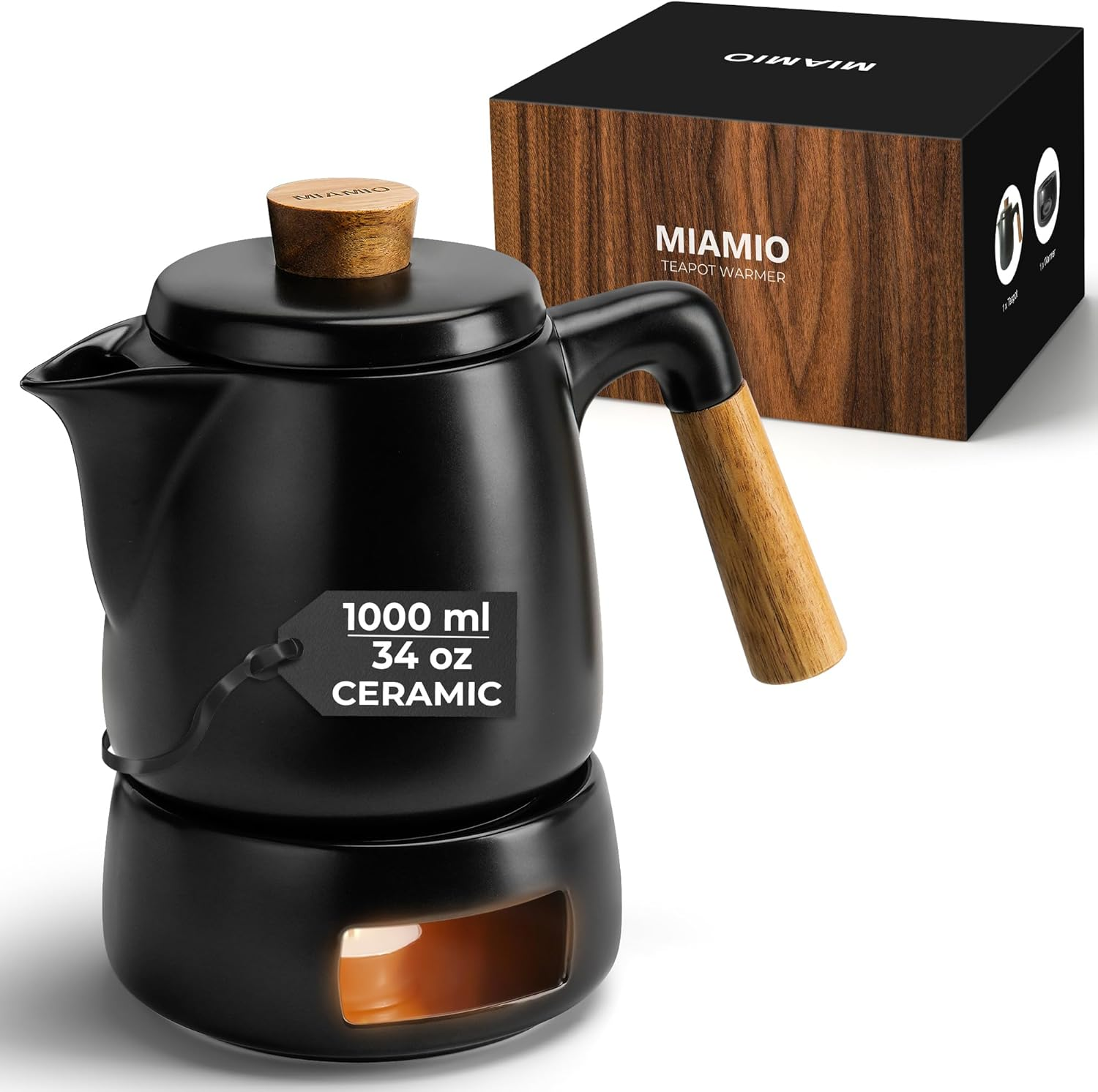 MIAMIO - Teapot Set with Warmer / 1L / 1000 Ml Tea Kettle with Infuser for Steeping Loose Tea Leaves (White)