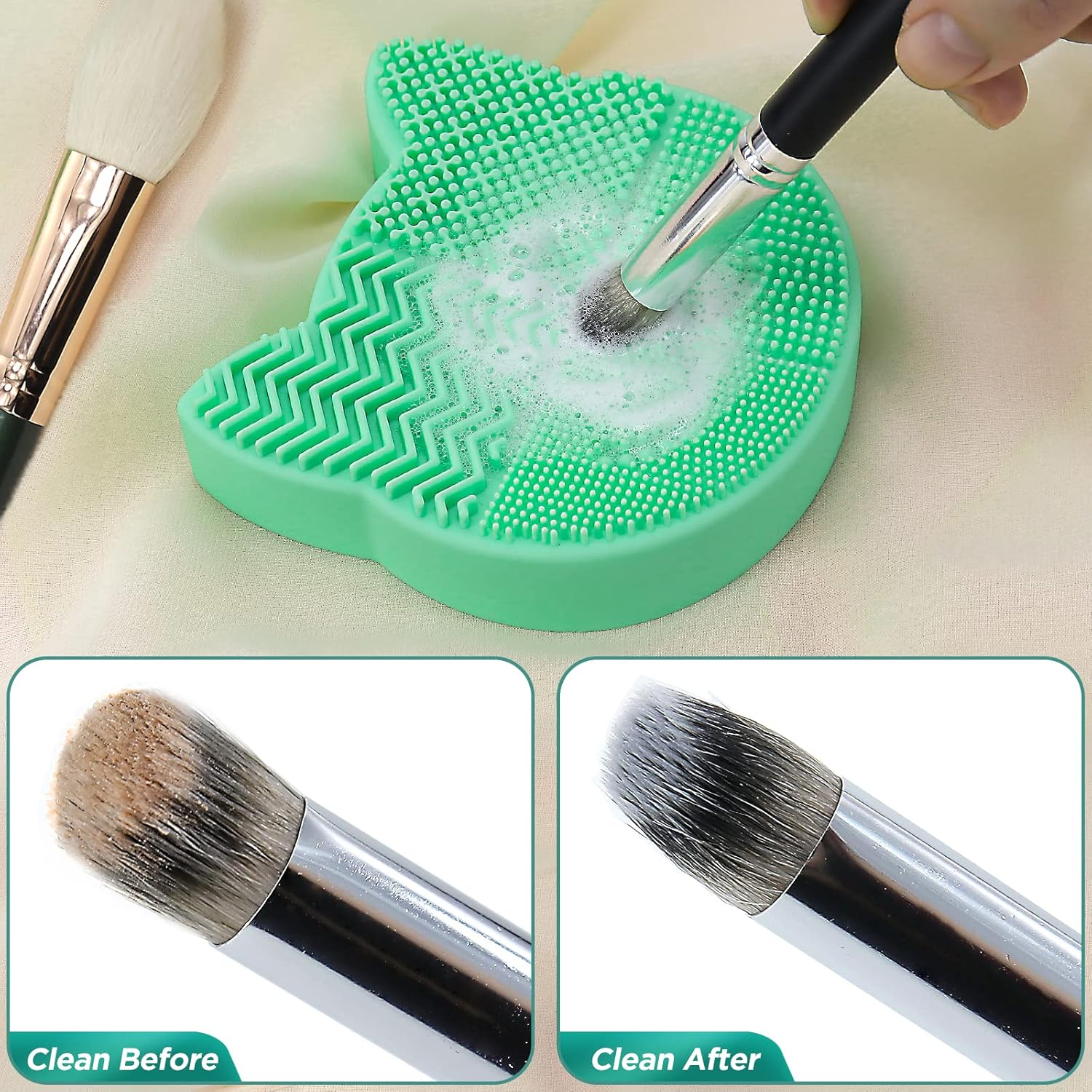 Mygeromon Makeup Brush Cleaning Mat with Drying Holder for Sink- Silicone Washing Cosmetic Cleaner Pad (Green) image number 3
