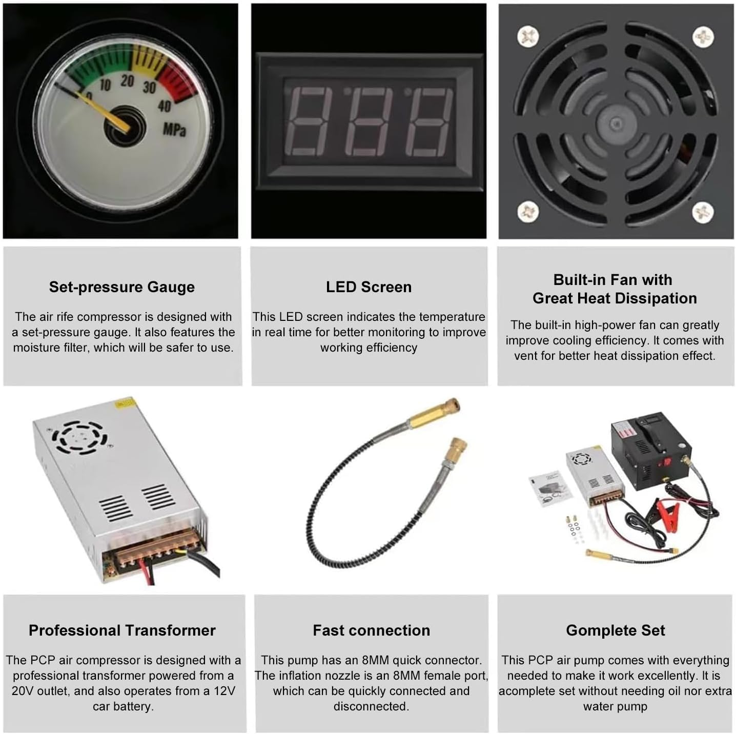 HOOMFIT Portable Pcp Air Compressor,4500Psi&30Mpa Pcp Compressor Pump,Oil- and Water-Cooling Free,Built-In Cooling Fan,Power by 110V /220V AC or 12V DC image number 6