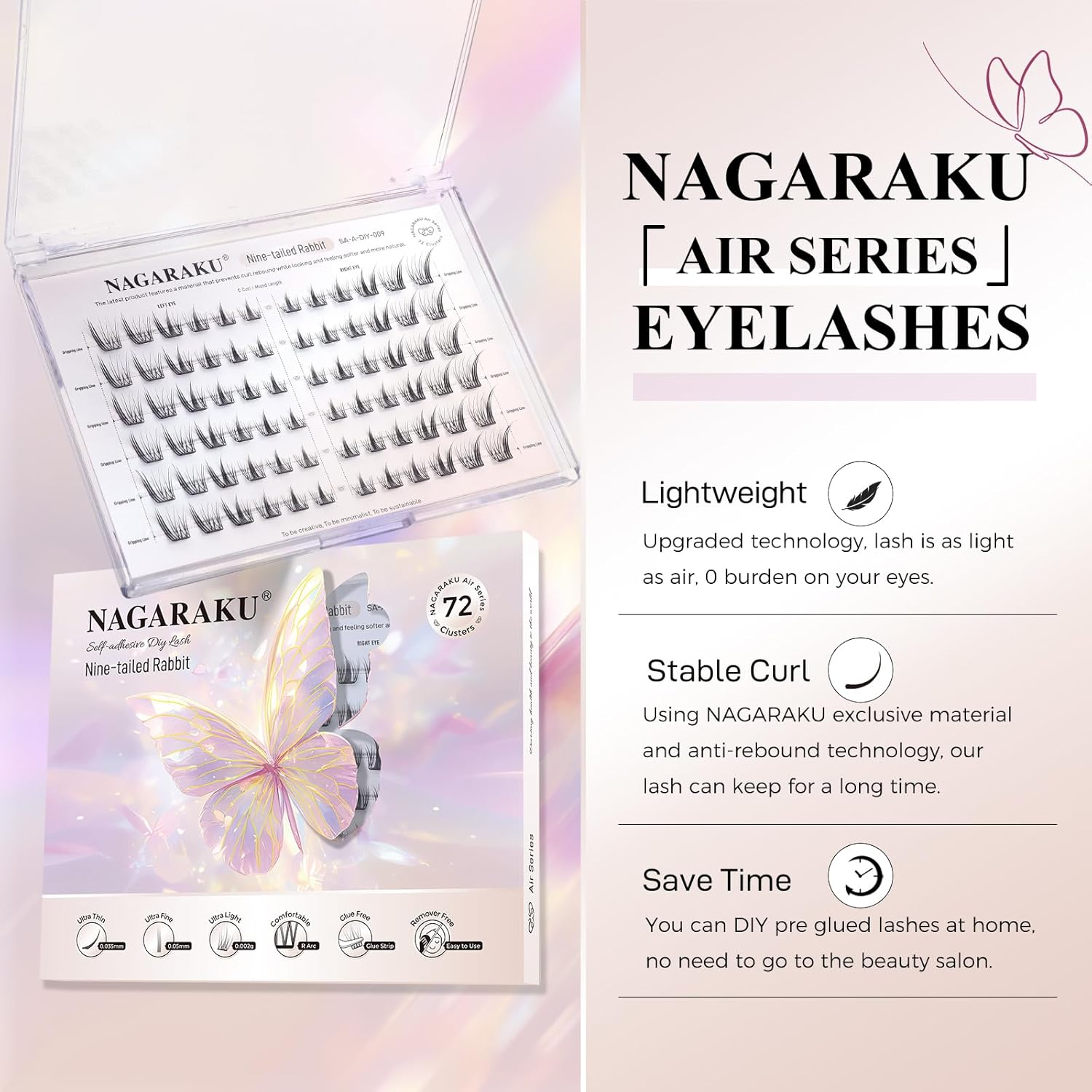 NAGARAKU Pre Glued Cluster Lashes Air Series Eyelashes Nine-Tailed Rabbit Style 72 Pcs No Glue Needed Pre-Bond Eyelashes Self Adhesive DIY Lashes（0.07Mm C Curl Mix Length) image number 3