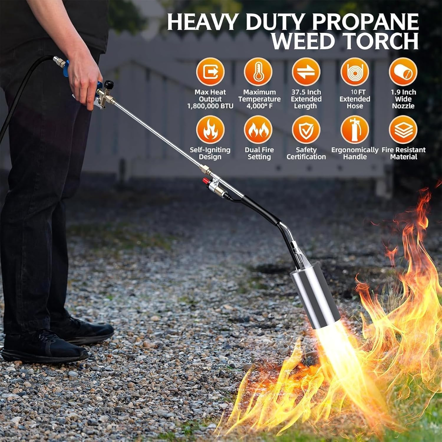 Propane Torch Weed Burner, 1,800,000 BTU Propane Gas Blow Torch Head Weed Torch with 10FT Hose, Flame Control, Turbo Trigger Push Button Igniter, Flamethrower for Burning Weed Roads Paint Removal image number 2