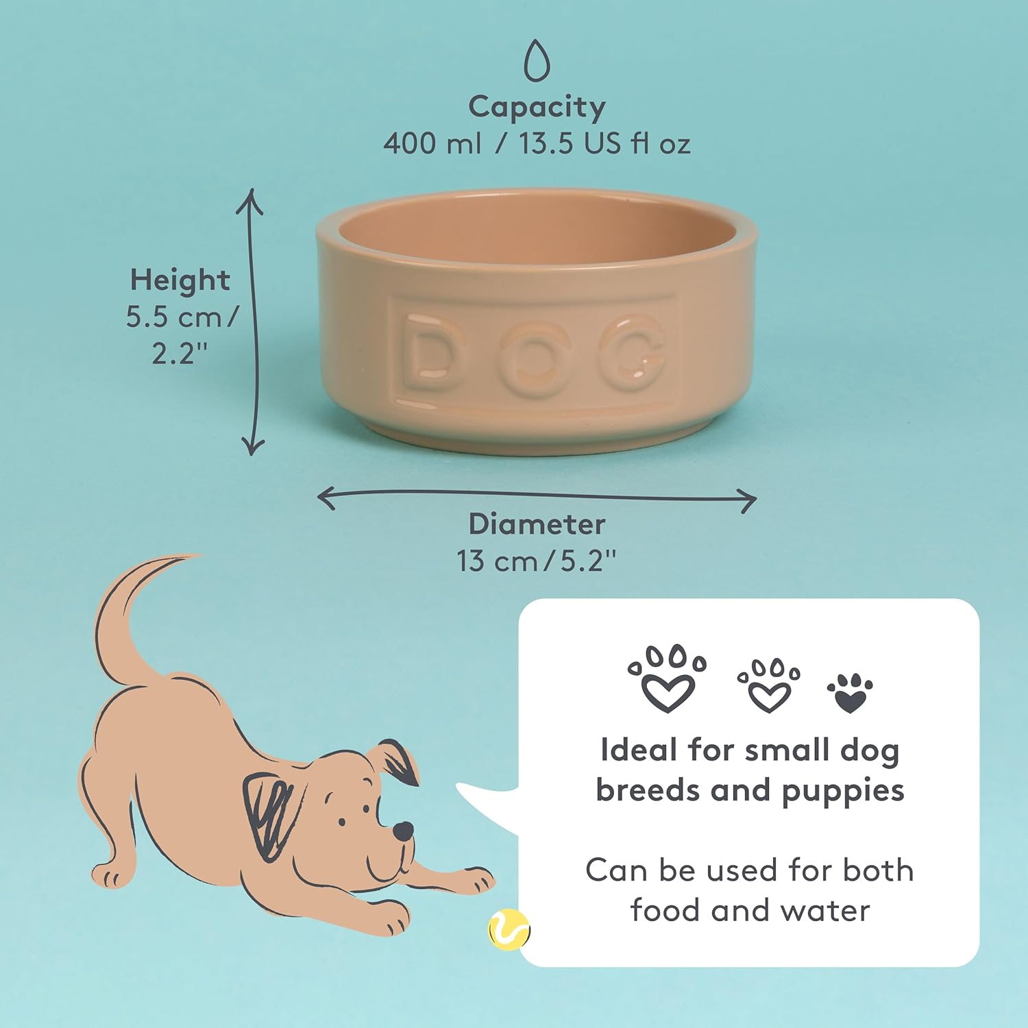 Mason Cash Cane Lettered Stoneware Dog Bowl, 400Ml, Beige 28483, White, One Size image number 4